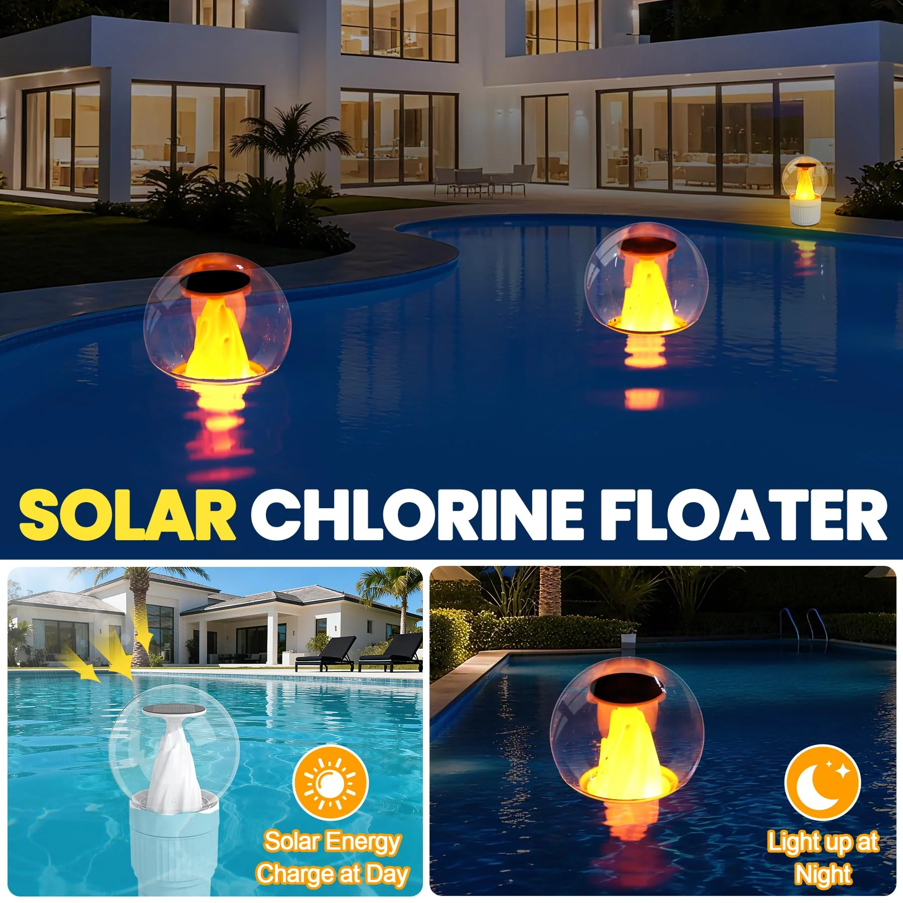 ChlorBlu Solar Chlorine Floater,Chlorine Floater with Solar Flame Light,Adjustable Release Floating Chlorine Dispenser for Pool,Large Capacity Pool Chlorine Floater,Chlorine Floater for Hot Tub(White) - Image 7