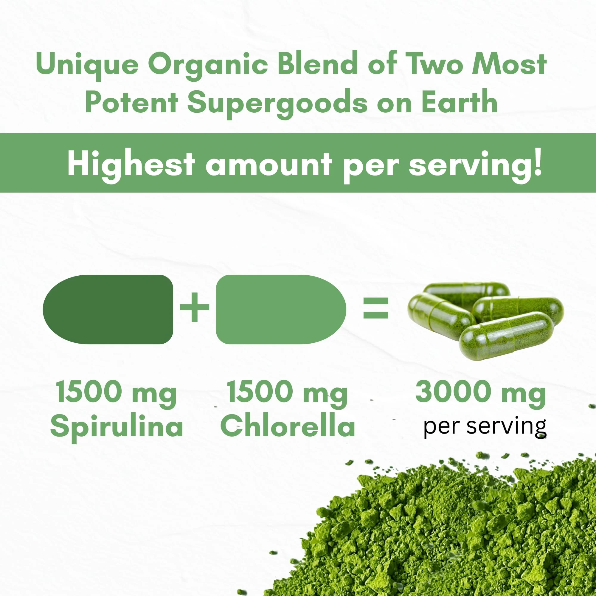 Chlorella Spirulina Powder Capsules 3000 mg of BMAA Free Purest Blue Green Algae - Best Natural Detox Raw Vegan Vitamins Protein Green Superfood - Made in USA - Image 3