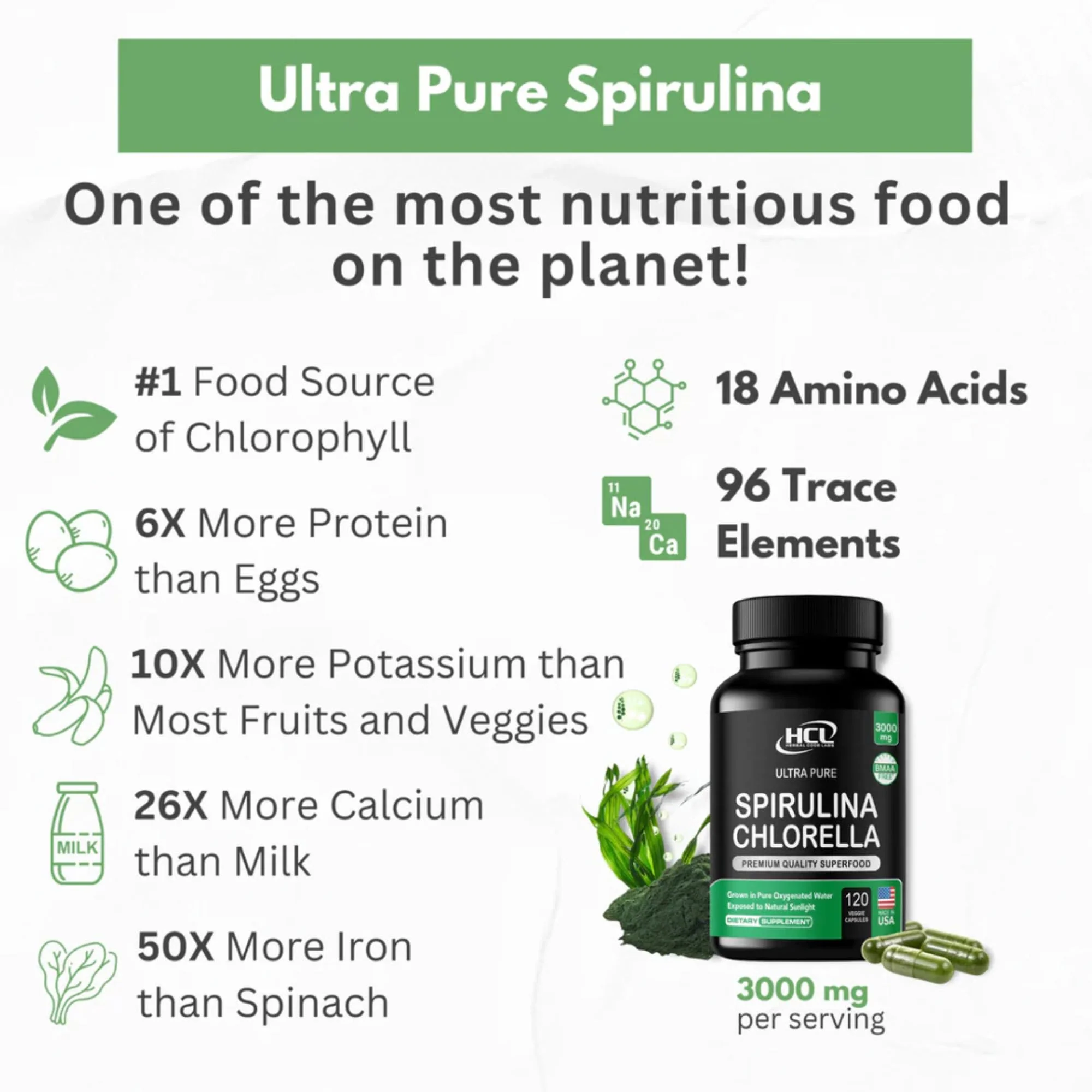 Chlorella Spirulina Powder Capsules 3000 mg of BMAA Free Purest Blue Green Algae - Best Natural Detox Raw Vegan Vitamins Protein Green Superfood - Made in USA - Image 5