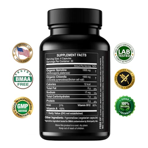 Chlorella Spirulina Powder Capsules 3000 mg of BMAA Free Purest Blue Green Algae - Best Natural Detox Raw Vegan Vitamins Protein Green Superfood - Made in USA - Image 6