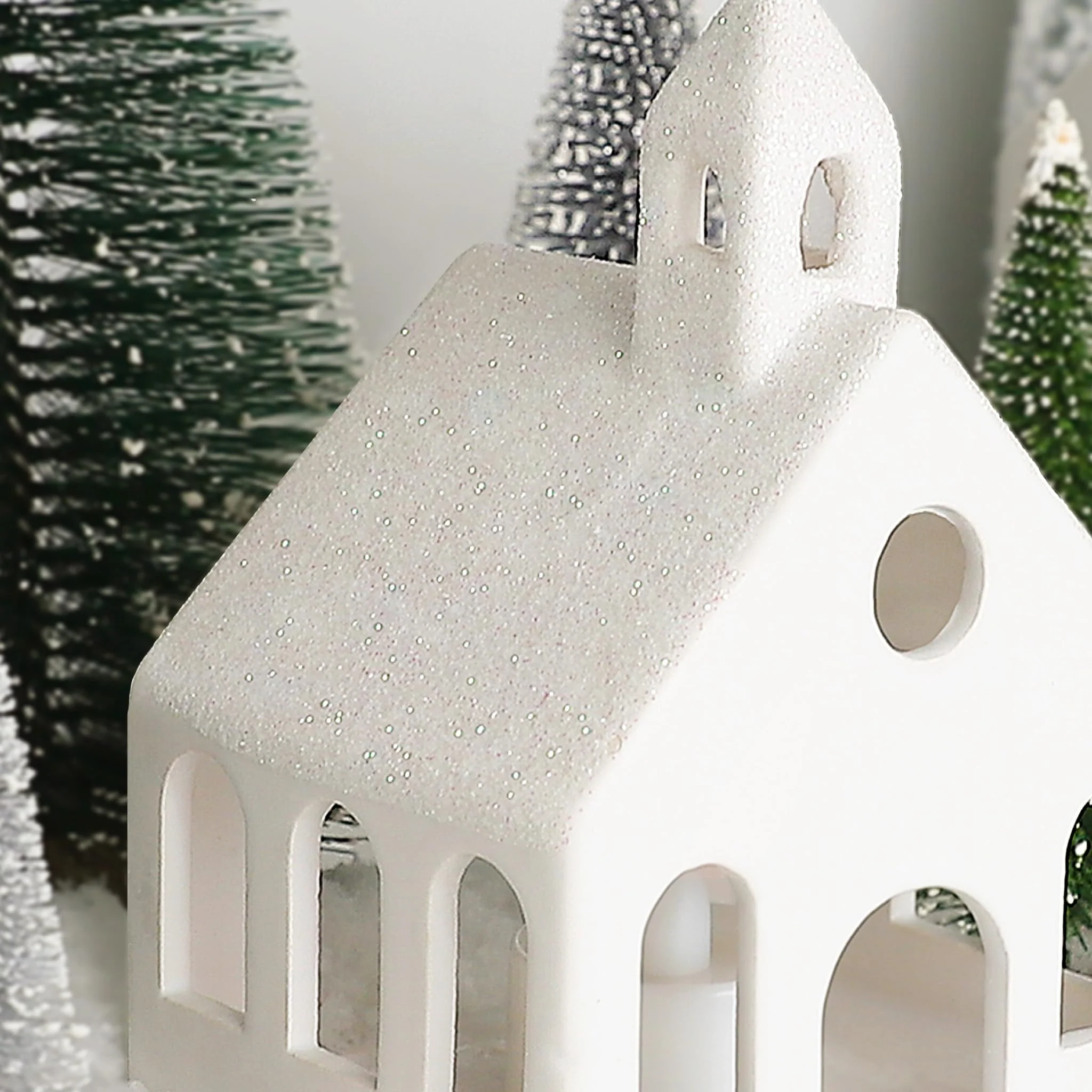 Christmas Decorations - Christmas Village Sets of 5 Lighted Ceramic Houses with Remote Control & 9 Trees - Indoor White Xmas Holiday Rustic Unique Decor for Home Table Room Farmhouse Decoration - Image 3