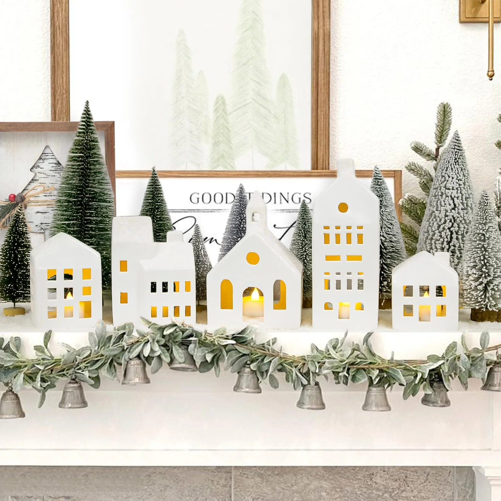 Christmas Decorations - Christmas Village Sets of 5 Lighted Ceramic Houses with Remote Control & 9 Trees - Indoor White Xmas Holiday Rustic Unique Decor for Home Table Room Farmhouse Decoration - Image 4