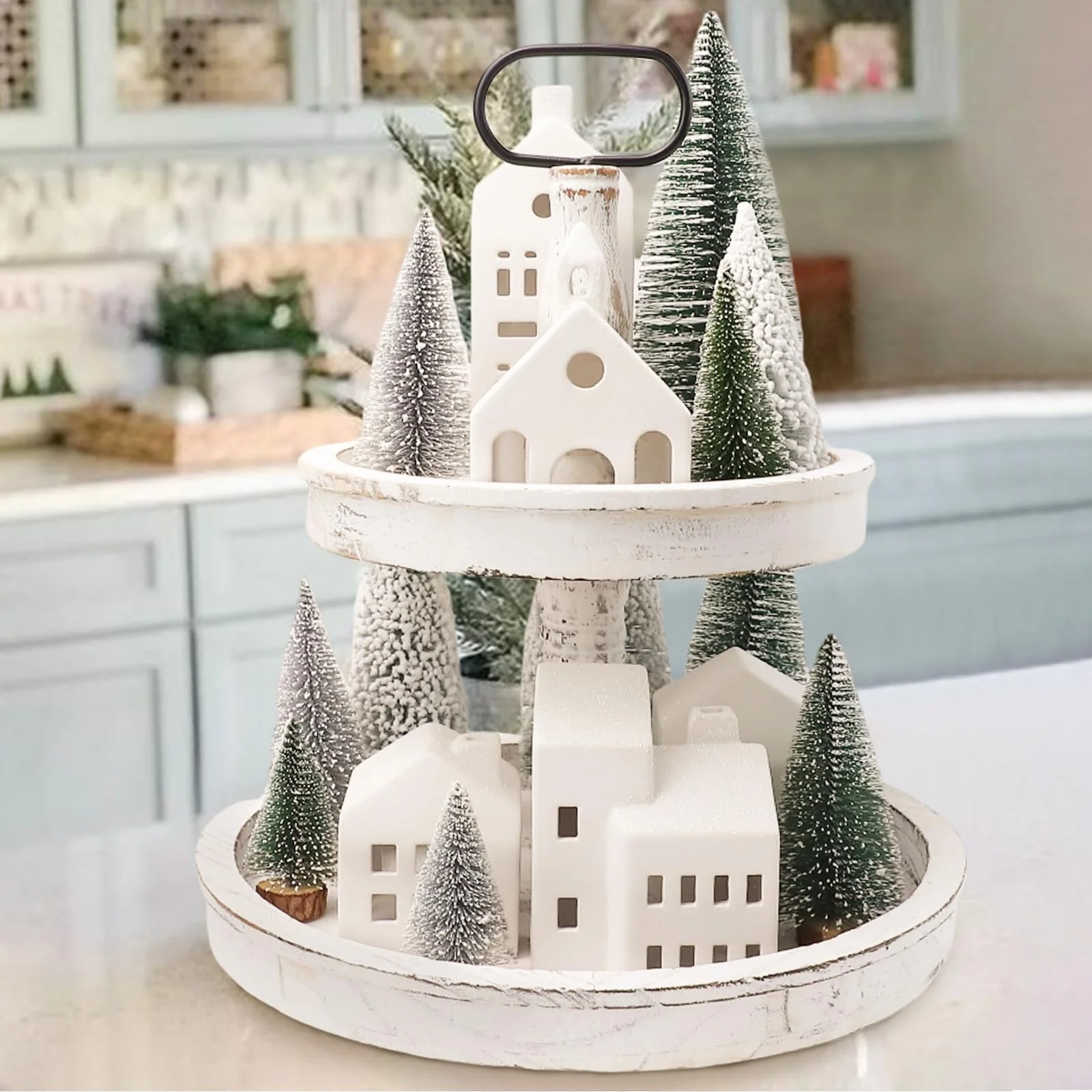 Christmas Decorations - Christmas Village Sets of 5 Lighted Ceramic Houses with Remote Control & 9 Trees - Indoor White Xmas Holiday Rustic Unique Decor for Home Table Room Farmhouse Decoration - Image 5