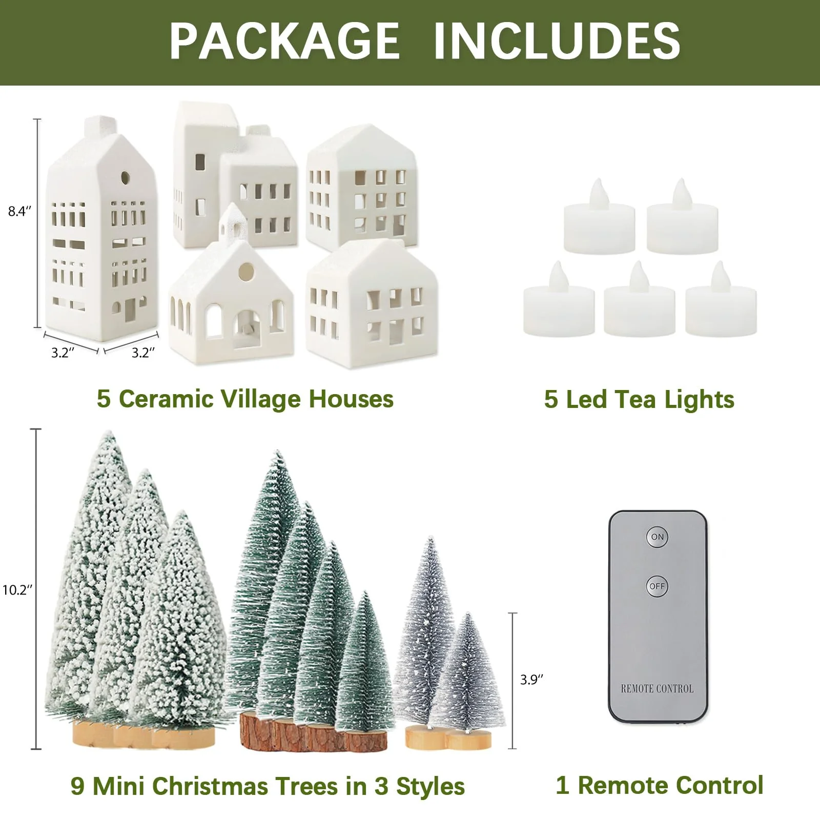 Christmas Decorations - Christmas Village Sets of 5 Lighted Ceramic Houses with Remote Control & 9 Trees - Indoor White Xmas Holiday Rustic Unique Decor for Home Table Room Farmhouse Decoration - Image 6