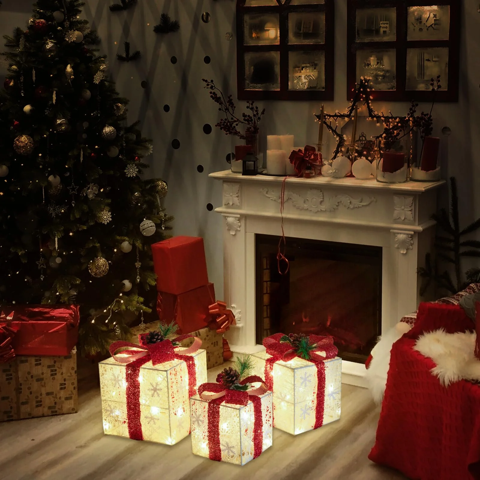 Christmas Decorations, Set of 3 Christmas Lighted Gift Boxes, Battery Operated Xmas Present Boxes, Warm White LED with Bows for Indoor Christmas Tree, Yard, Home Decor - Image 2
