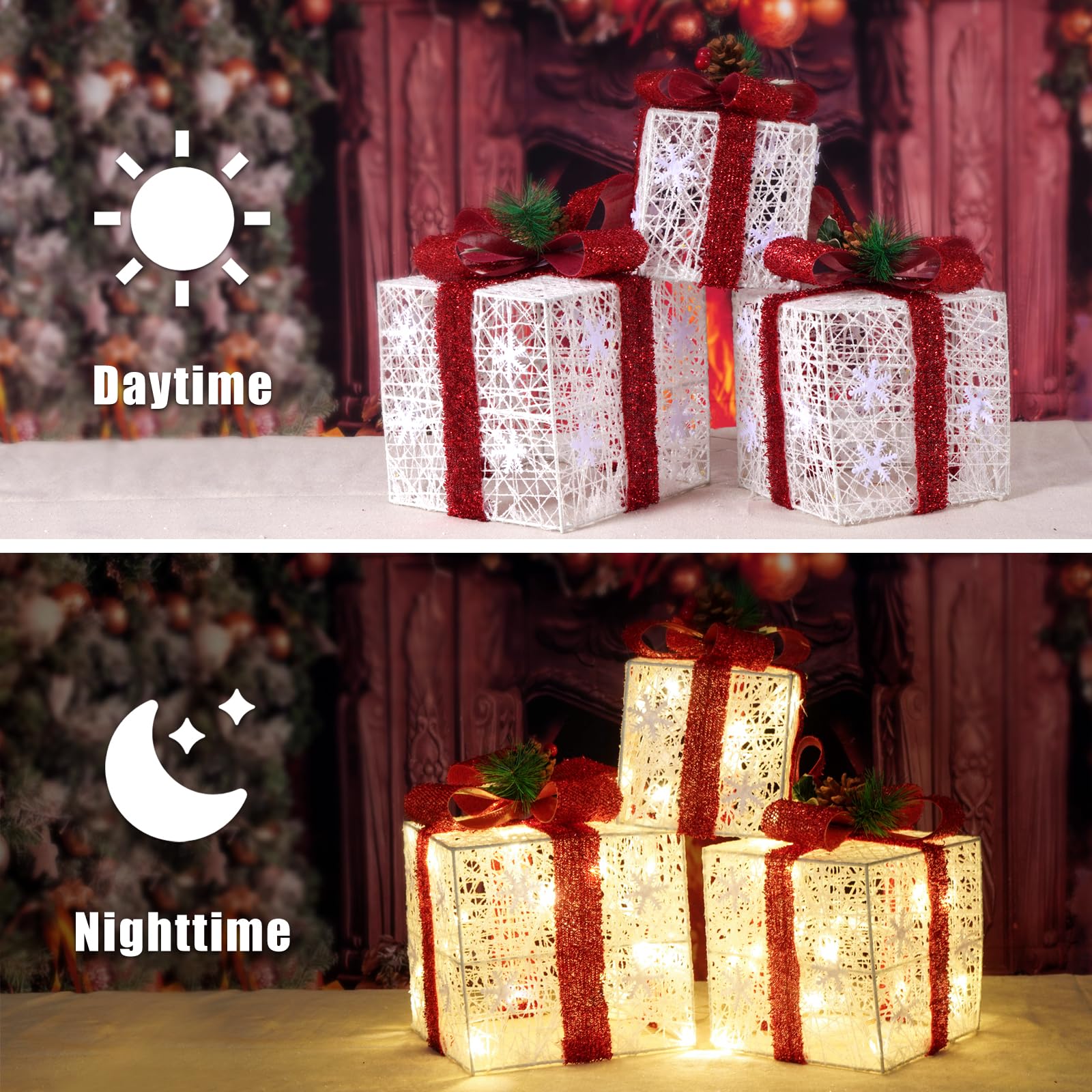 Christmas Decorations, Set of 3 Christmas Lighted Gift Boxes, Battery Operated Xmas Present Boxes, Warm White LED with Bows for Indoor Christmas Tree, Yard, Home Decor - Image 3