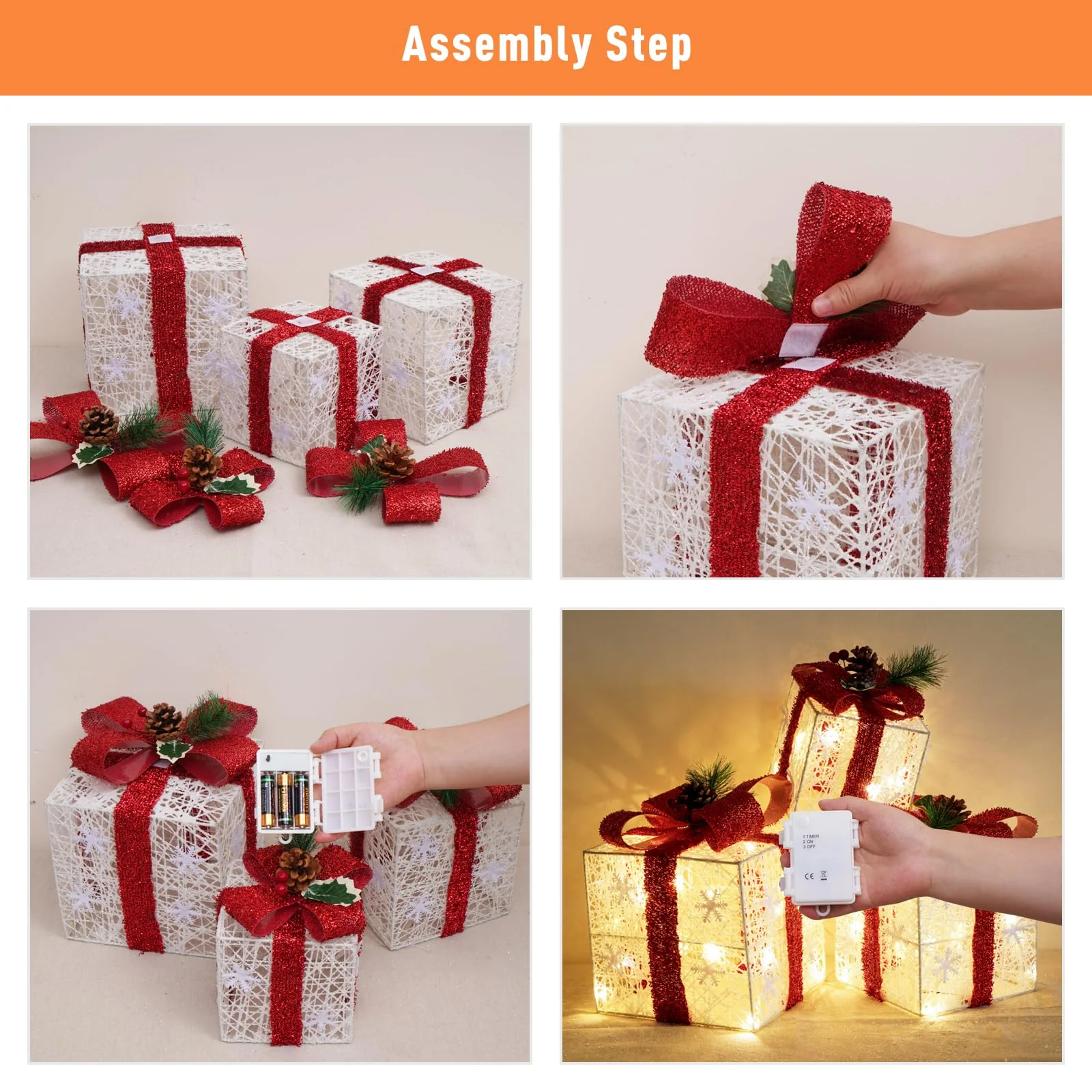 Christmas Decorations, Set of 3 Christmas Lighted Gift Boxes, Battery Operated Xmas Present Boxes, Warm White LED with Bows for Indoor Christmas Tree, Yard, Home Decor - Image 4