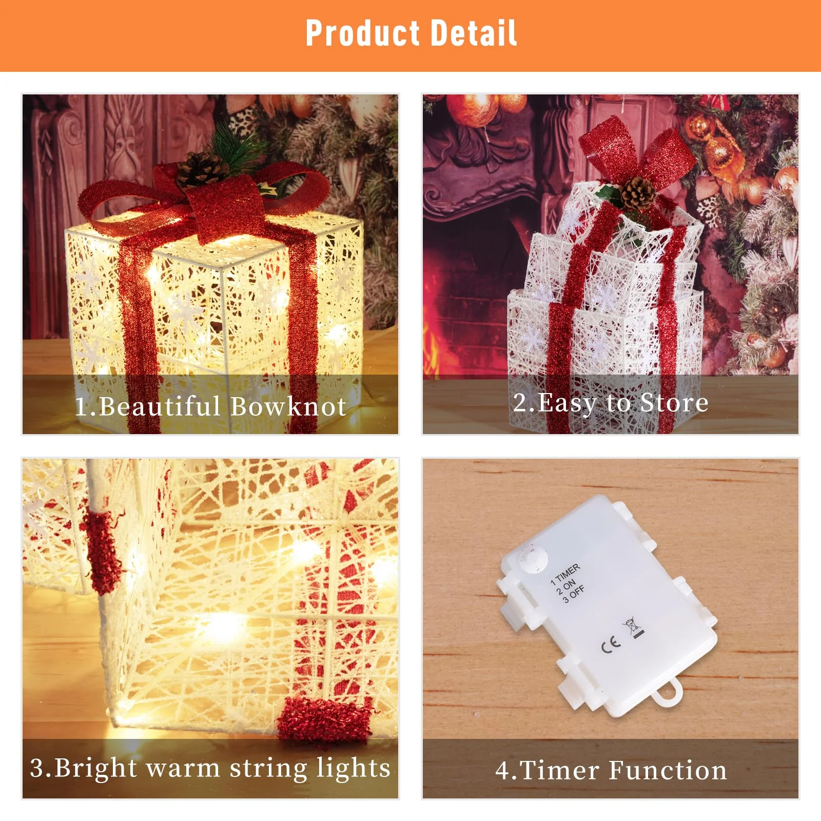 Christmas Decorations, Set of 3 Christmas Lighted Gift Boxes, Battery Operated Xmas Present Boxes, Warm White LED with Bows for Indoor Christmas Tree, Yard, Home Decor - Image 5
