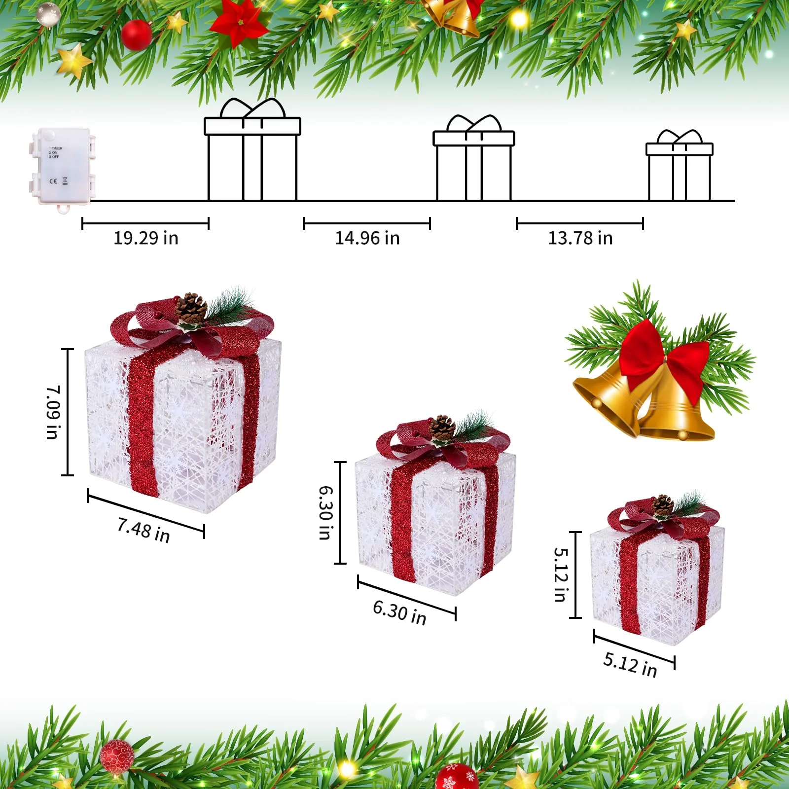 Christmas Decorations, Set of 3 Christmas Lighted Gift Boxes, Battery Operated Xmas Present Boxes, Warm White LED with Bows for Indoor Christmas Tree, Yard, Home Decor - Image 6