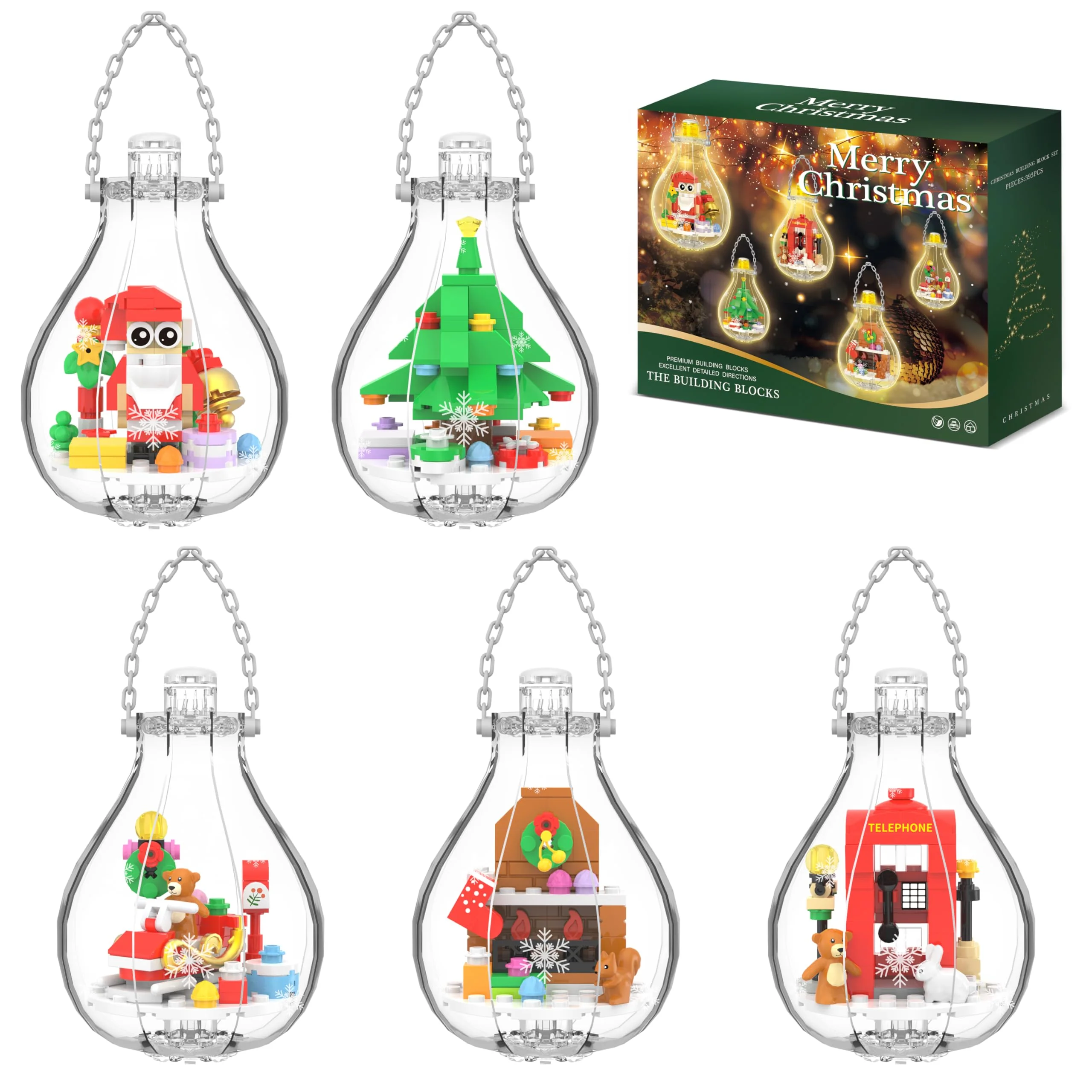 Christmas Ornaments Building Block Set, Compatible with Lego Christmas Tree Decorations Bulbs with Warm Light, Santa Claus Sleigh Phone Booth Fireplace Building Sets Gifts Stocking Stuffers (5 Pack) - Image 2