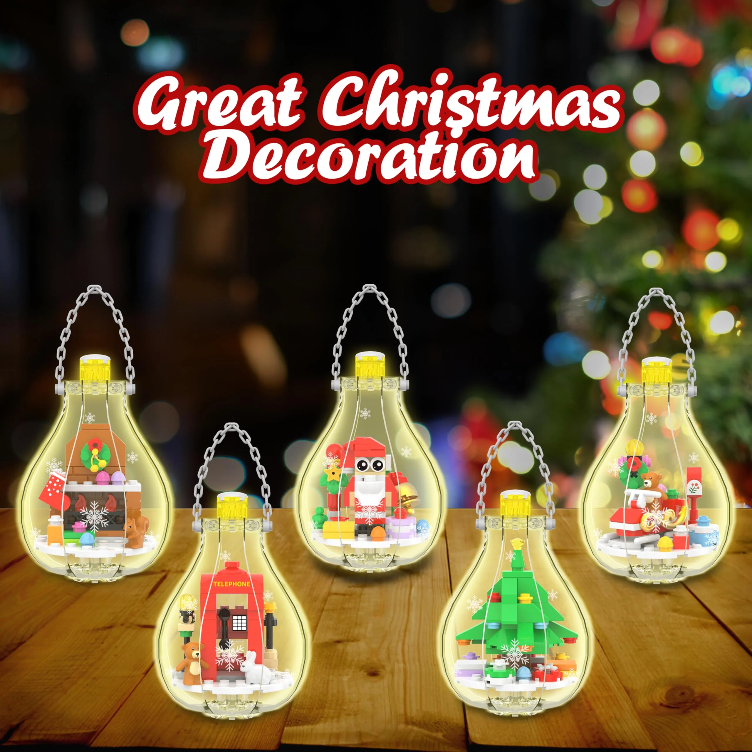 Christmas Ornaments Building Block Set, Compatible with Lego Christmas Tree Decorations Bulbs with Warm Light, Santa Claus Sleigh Phone Booth Fireplace Building Sets Gifts Stocking Stuffers (5 Pack) - Image 3