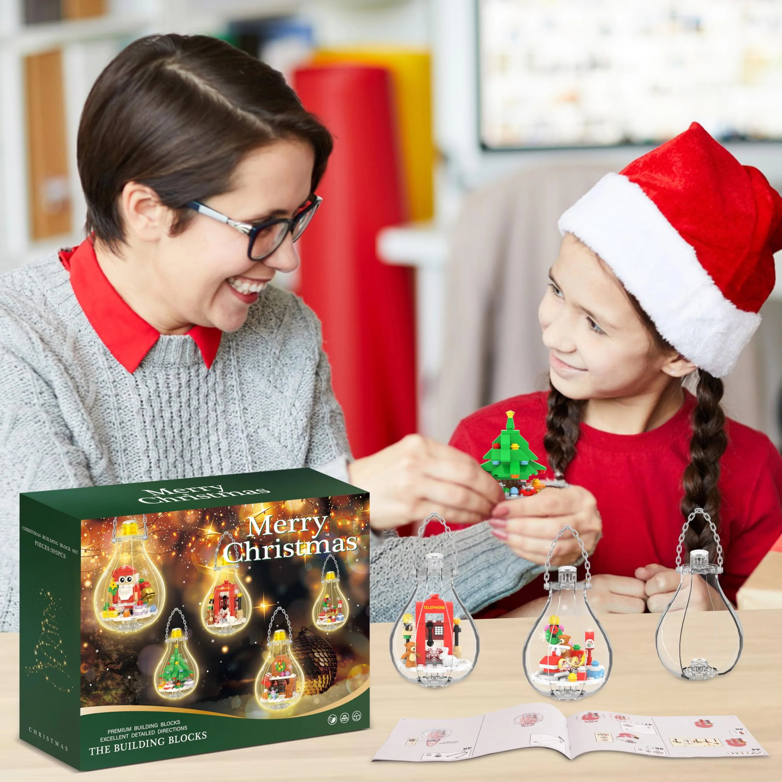 Christmas Ornaments Building Block Set, Compatible with Lego Christmas Tree Decorations Bulbs with Warm Light, Santa Claus Sleigh Phone Booth Fireplace Building Sets Gifts Stocking Stuffers (5 Pack) - Image 6