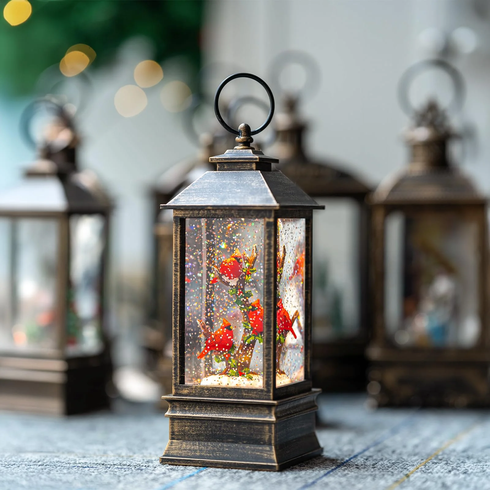 Christmas Snow Globe Lantern Water Glittering 10'' Cardinal with Music & Timer, USB Lined/Battery Operated Lighted Lantern for Christmas Festival Decoration Gifts - Image 2