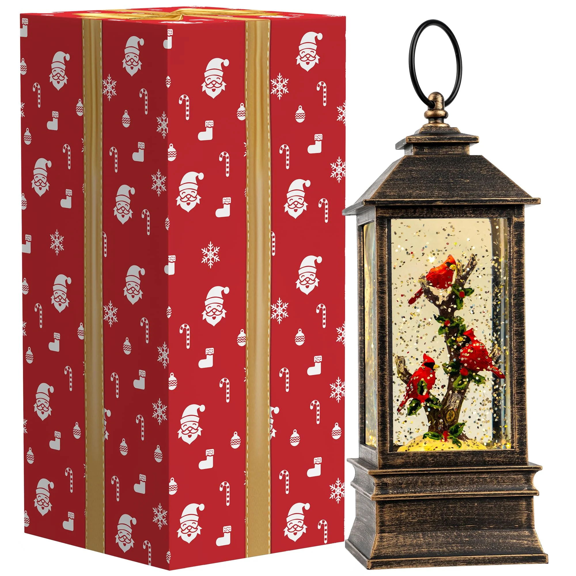 Christmas Snow Globe Lantern Water Glittering 10'' Cardinal with Music & Timer, USB Lined/Battery Operated Lighted Lantern for Christmas Festival Decoration Gifts - Image 5