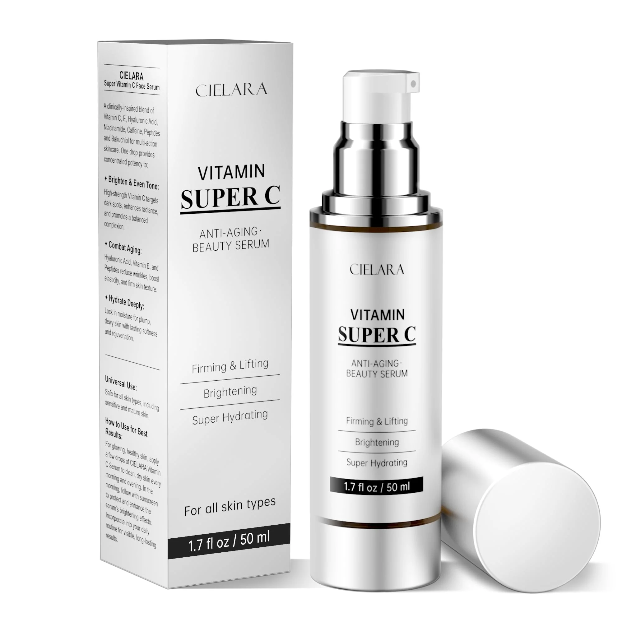 CIELARA Vitamin C Serum for Face, Anti Aging 20% Super C Serum With Vit C Hyaluronic Acid, Vitamin E, Peptides, Collagen Wrinkle Serume for Dark Spot, tighten, firming, lift, Brightening-1.7 Fl Oz