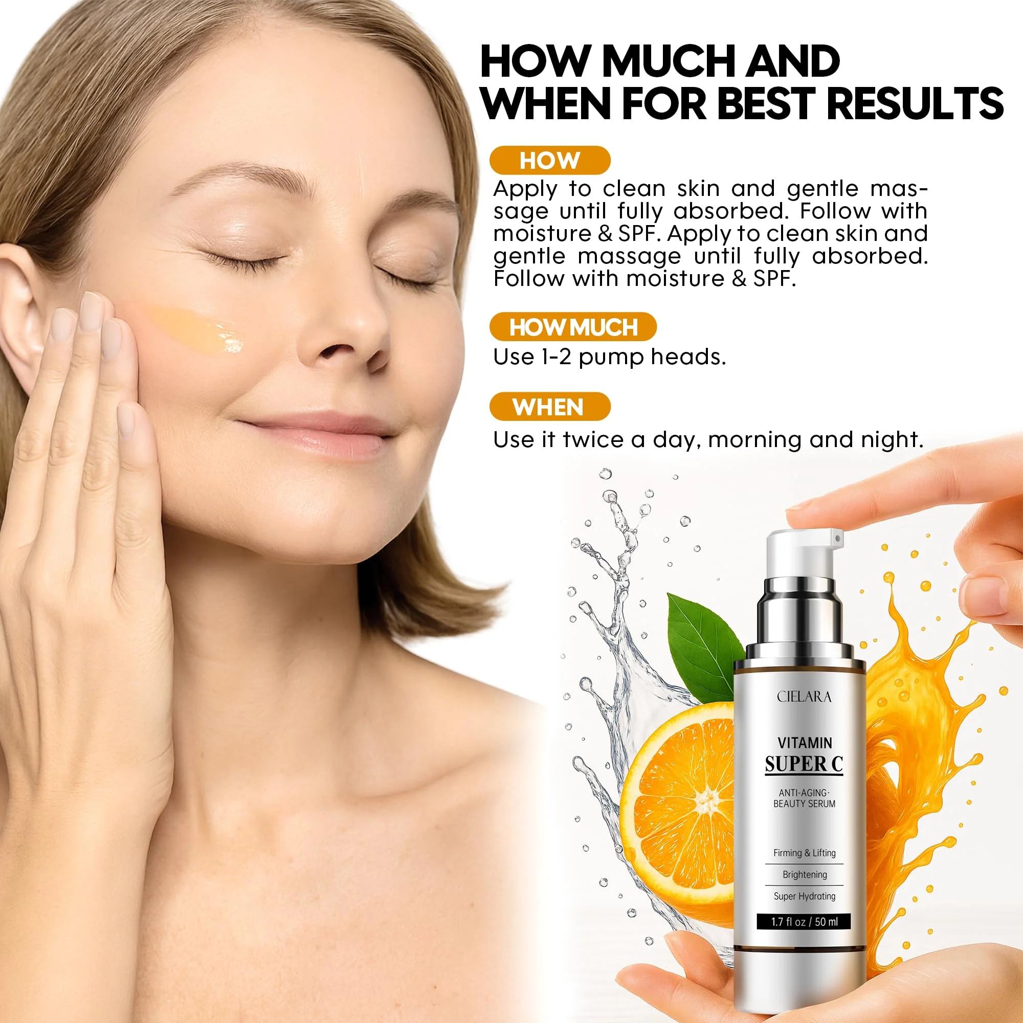 CIELARA Vitamin C Serum for Face, Anti Aging 20% Super C Serum With Vit C Hyaluronic Acid, Vitamin E, Peptides, Collagen Wrinkle Serume for Dark Spot, tighten, firming, lift, Brightening-1.7 Fl Oz - Image 3