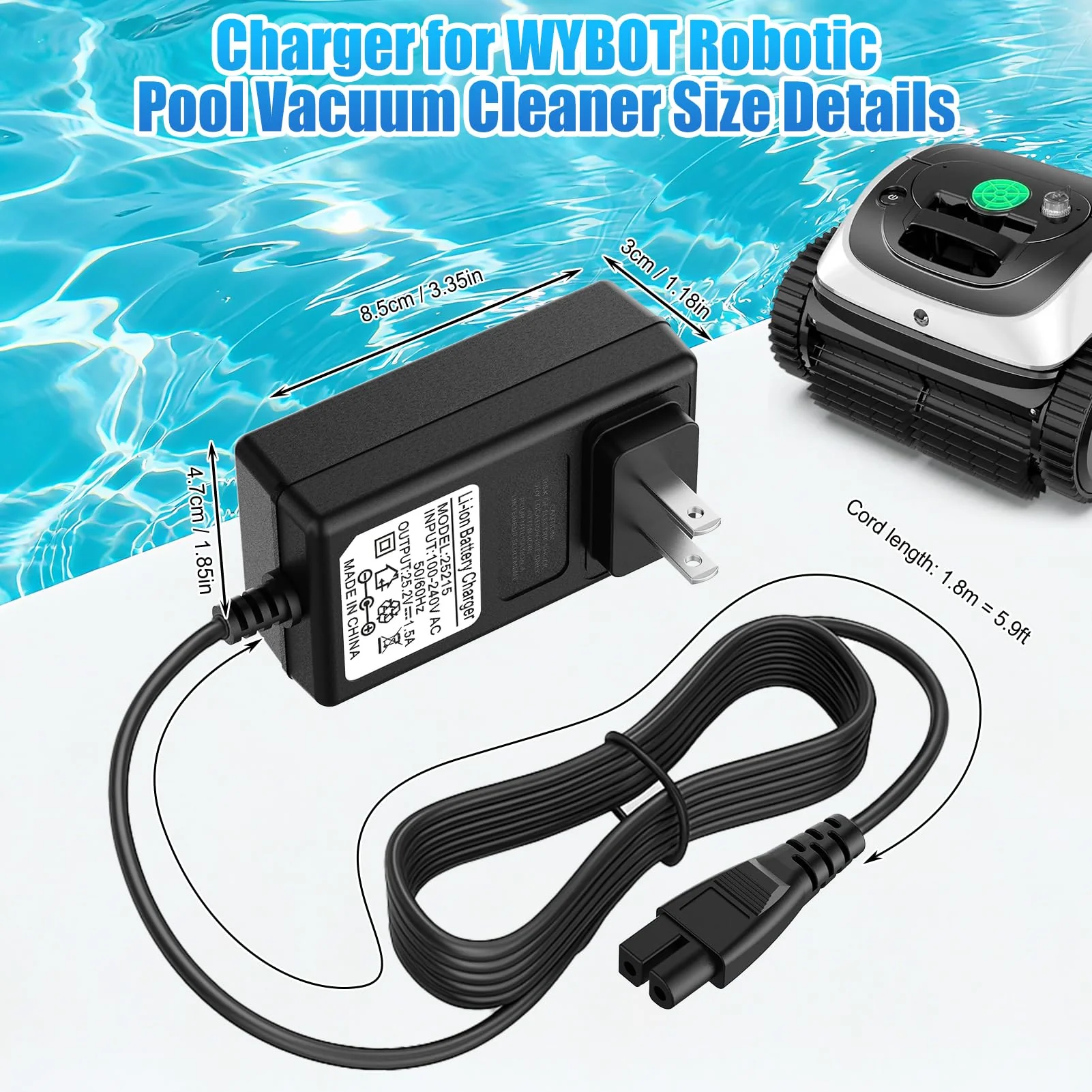 Cisain Charger for WYBOT Robotic Pool Cleaner,25.2V Charger Adapter Compatible with WYBOT C1 OS7010C Cordless Pool Vacuum Cleaner Power Adapter Cord - Image 3