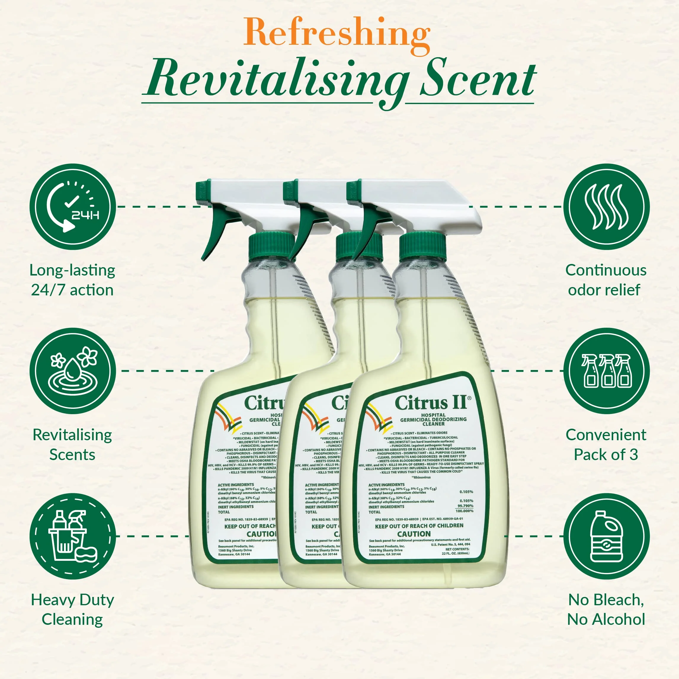 Citrus II Hospital Germicidal Deodorizing Cleaner - Fresh Citrus Scent - Disinfecting Spray Cleaner - 22 Fl Oz - Pack of 3 - Image 5