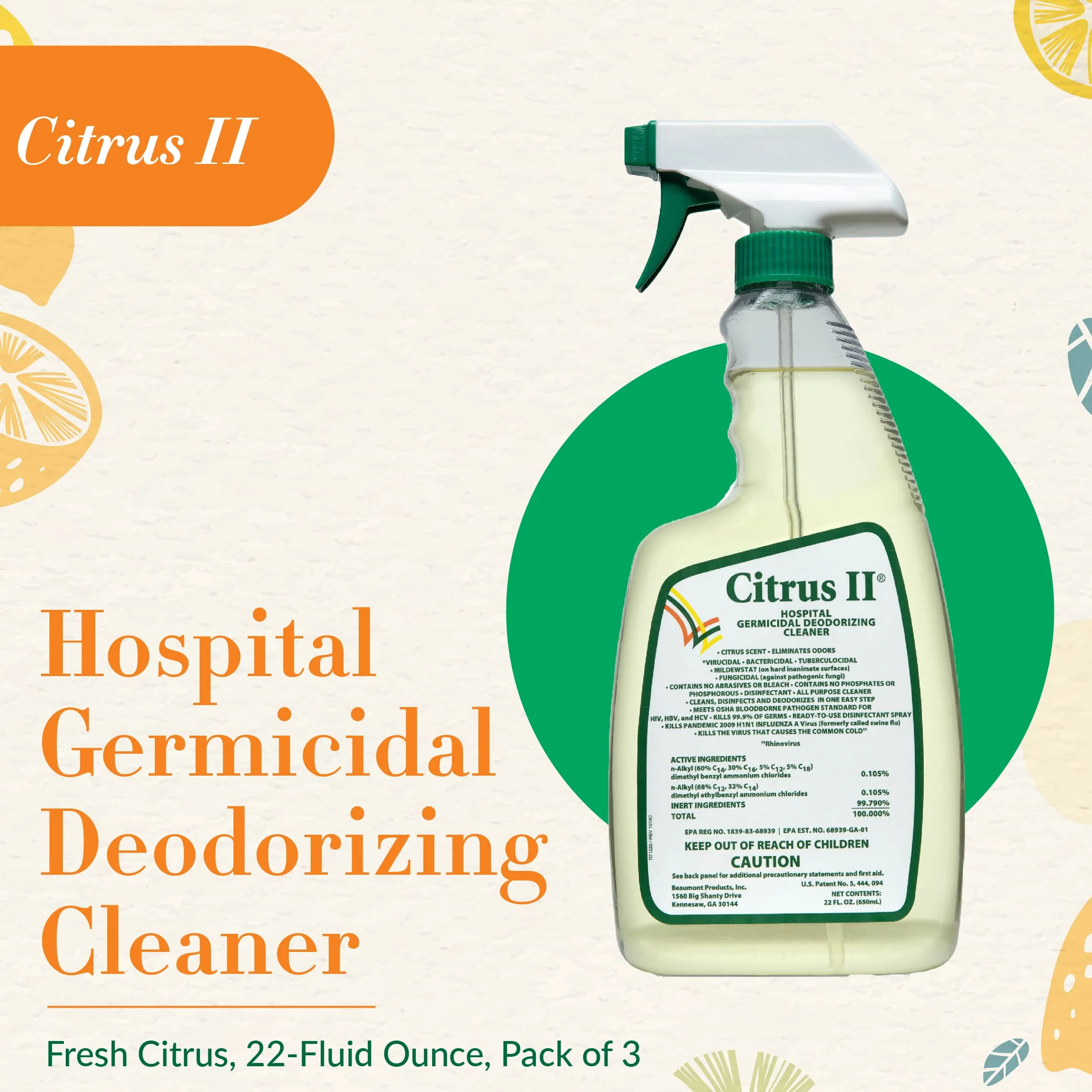 Citrus II Hospital Germicidal Deodorizing Cleaner - Fresh Citrus Scent - Disinfecting Spray Cleaner - 22 Fl Oz - Pack of 3 - Image 6