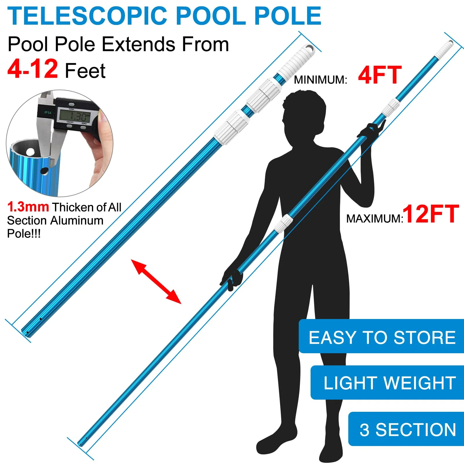 CKE Upgraded 12 Feet Thicken 1.3mm Blue Aluminum Telescoping Swimming Pool Pole,Adjustable 3 Piece Expandable Step-Up,Attach Connect Skimmer Nets,Rakes,Brushes,Vacuum Heads with Hoses, Universal 1.25" - Image 7