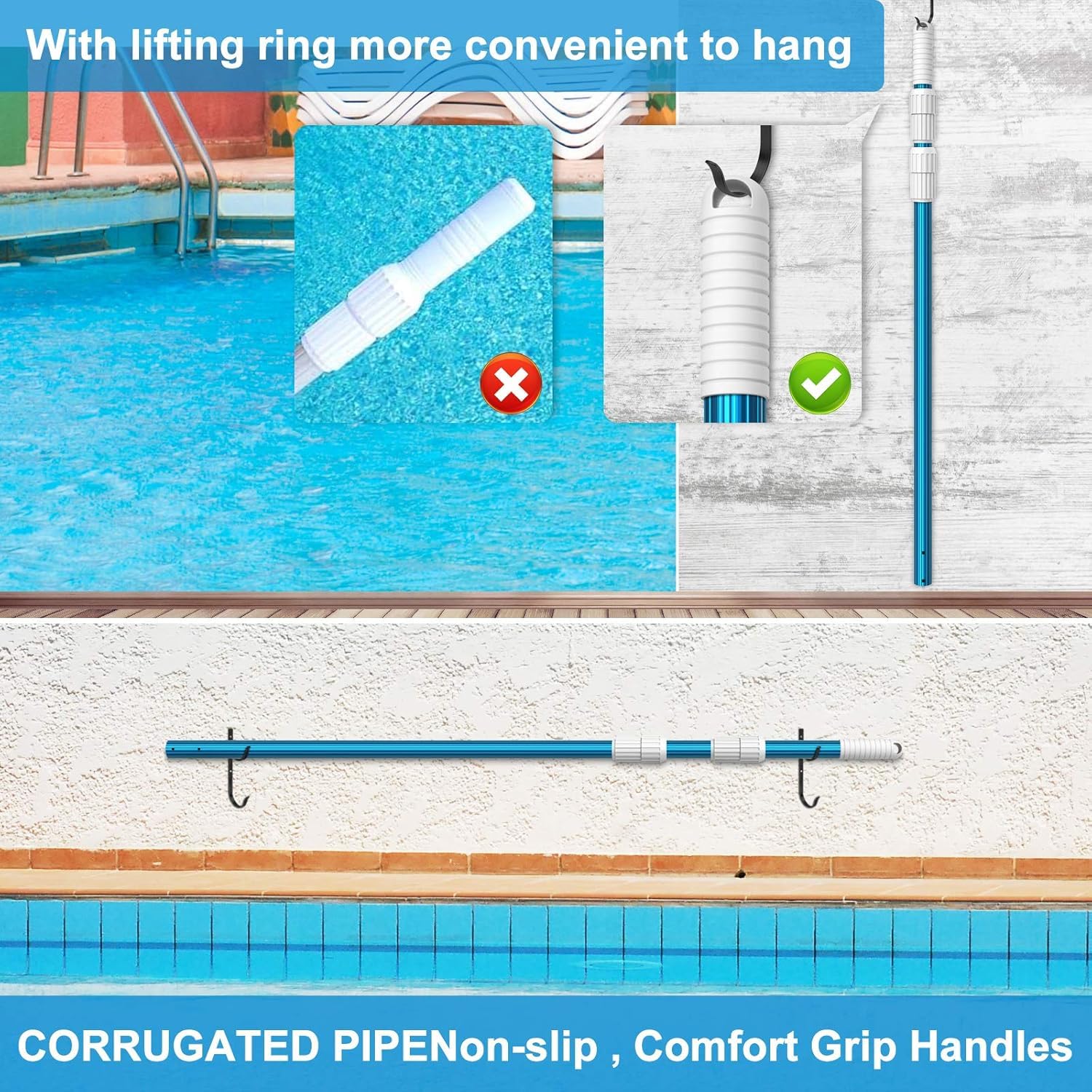 CKE Upgraded 16.5 Feet Thicken 1.3mm Blue Aluminum Telescoping Swimming Pool Pole,Adjustable 3 Piece Expandable Step-Up,Attach Connect Skimmer Net,Rakes,Brushes,Vacuum Head with Hoses, Universal 1.25" - Image 2