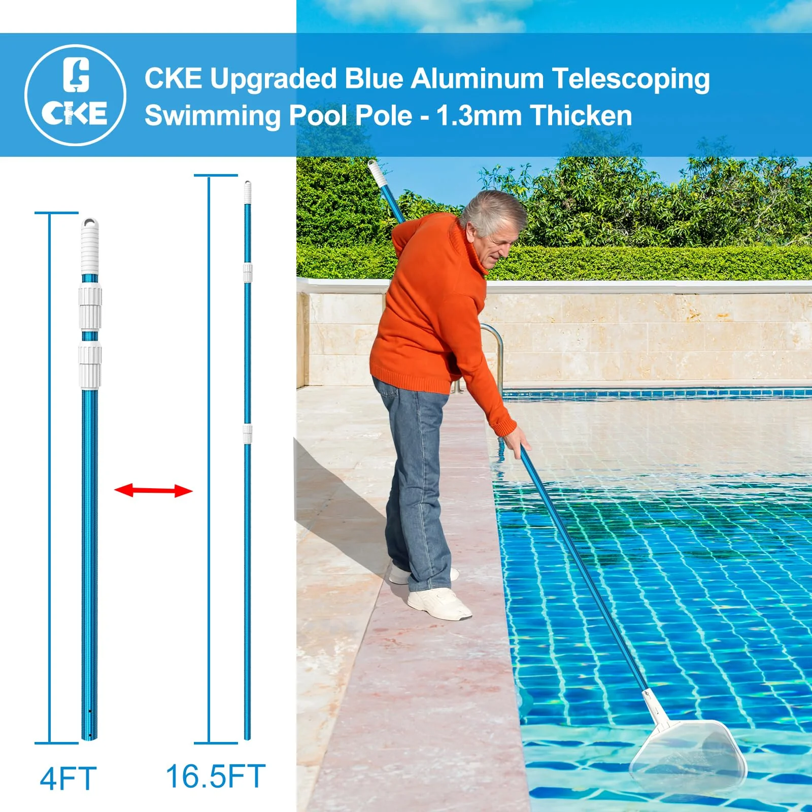CKE Upgraded 16.5 Feet Thicken 1.3mm Blue Aluminum Telescoping Swimming Pool Pole,Adjustable 3 Piece Expandable Step-Up,Attach Connect Skimmer Net,Rakes,Brushes,Vacuum Head with Hoses, Universal 1.25" - Image 3