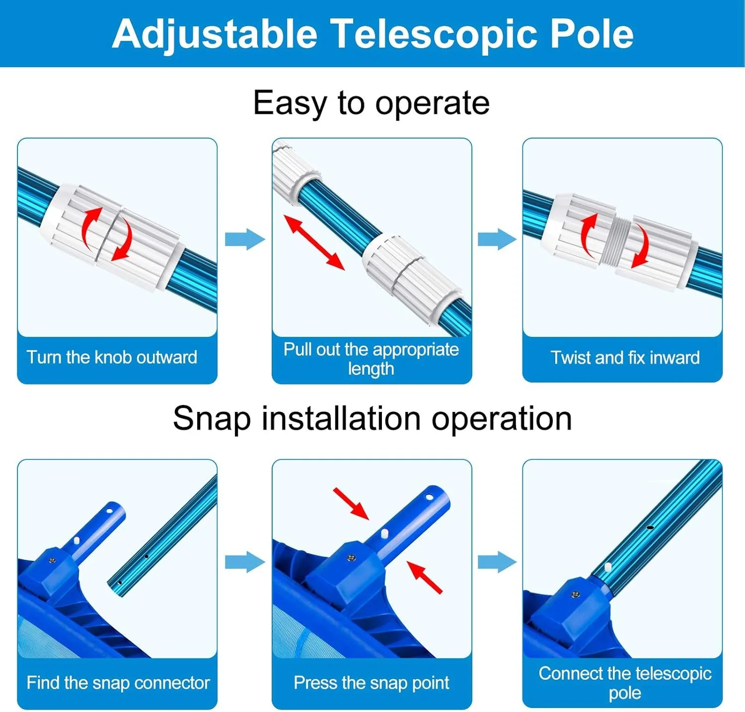 CKE Upgraded 16.5 Feet Thicken 1.3mm Blue Aluminum Telescoping Swimming Pool Pole,Adjustable 3 Piece Expandable Step-Up,Attach Connect Skimmer Net,Rakes,Brushes,Vacuum Head with Hoses, Universal 1.25" - Image 4