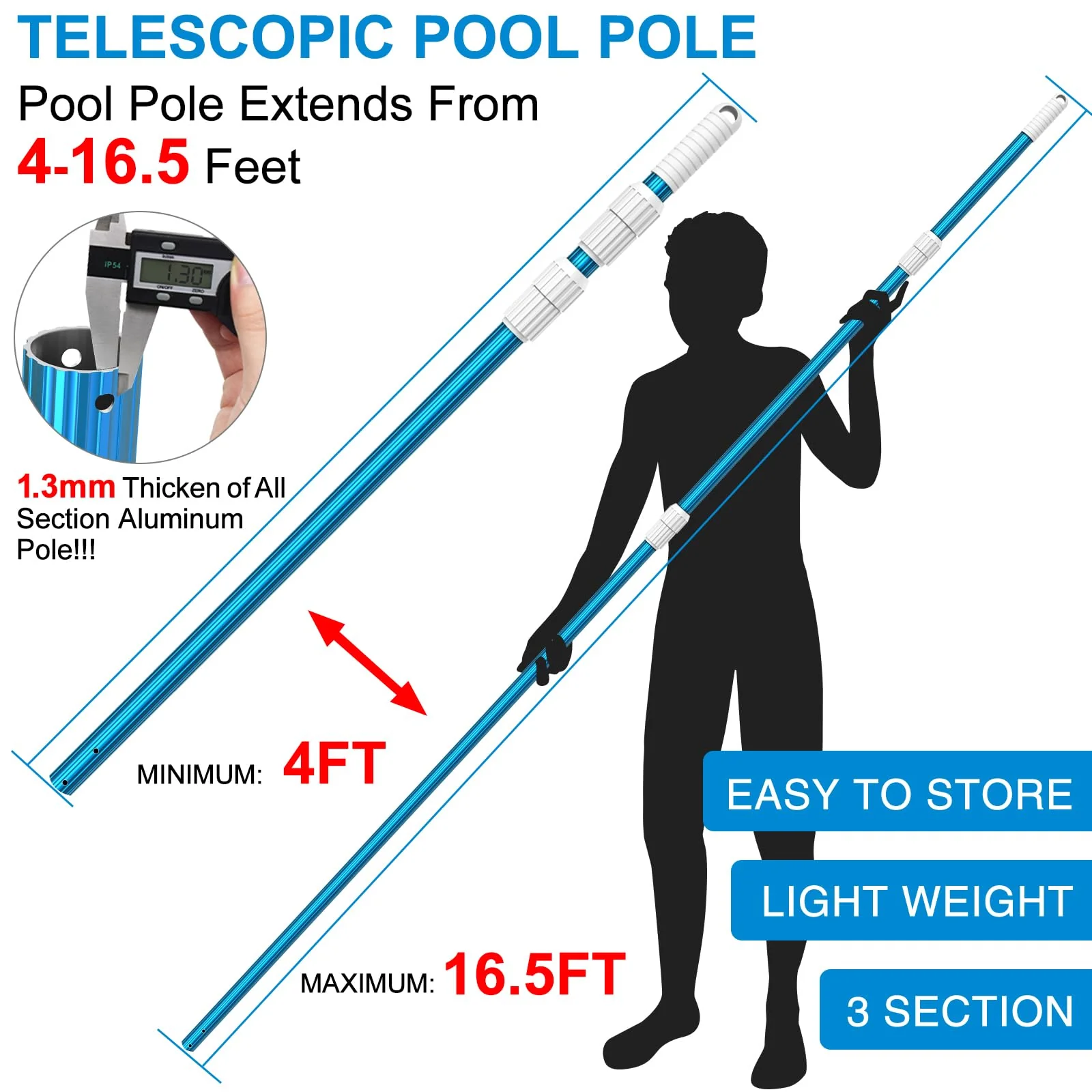 CKE Upgraded 16.5 Feet Thicken 1.3mm Blue Aluminum Telescoping Swimming Pool Pole,Adjustable 3 Piece Expandable Step-Up,Attach Connect Skimmer Net,Rakes,Brushes,Vacuum Head with Hoses, Universal 1.25" - Image 7