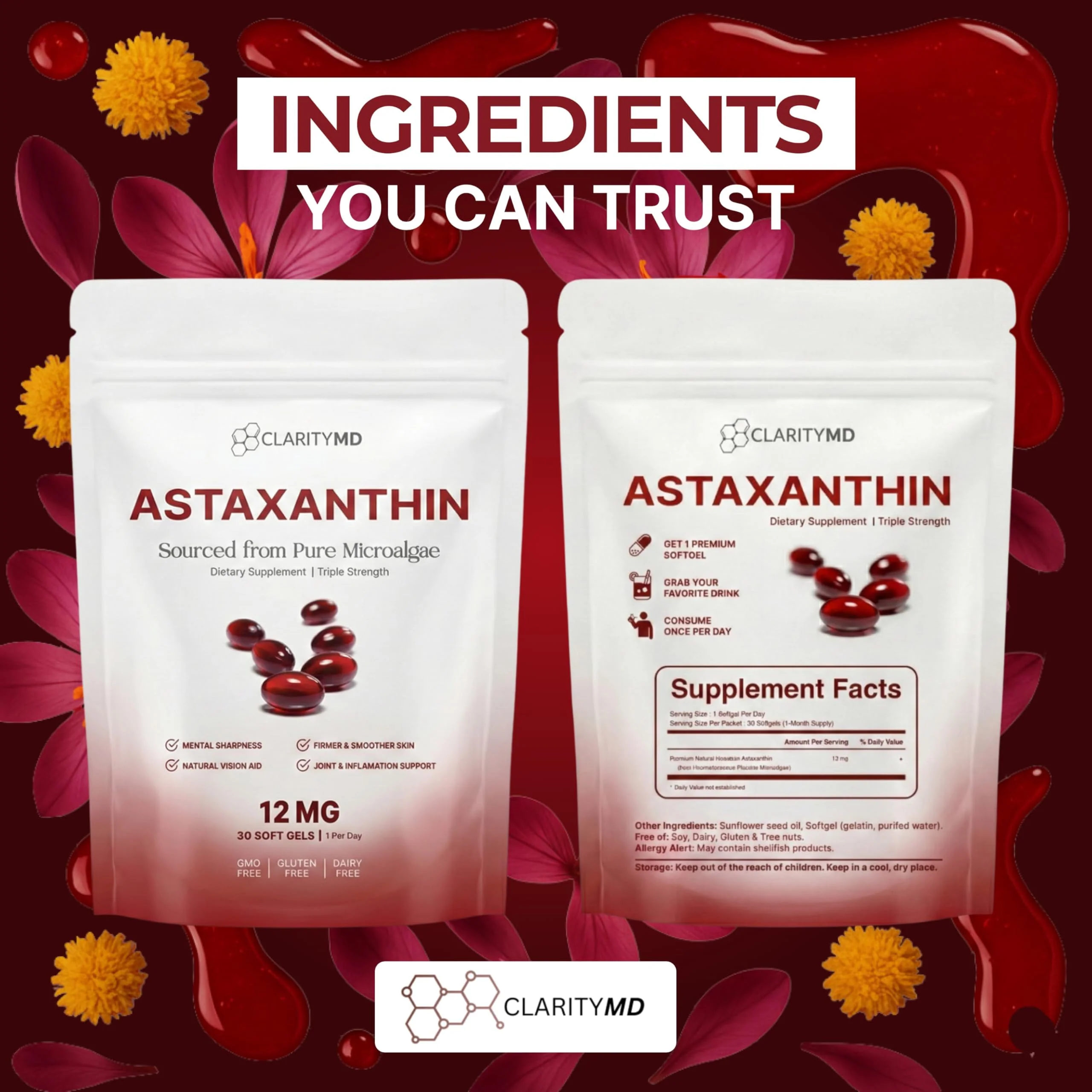 ClarityMD Astaxanthin 12mg Antioxidants Supplement – Natural Microalgae Source – Lipid-Based Softgel for Enhanced Absorption – Cognitive, Vision & Joint Support – 30 Softgels (Pack of 1) - Image 3
