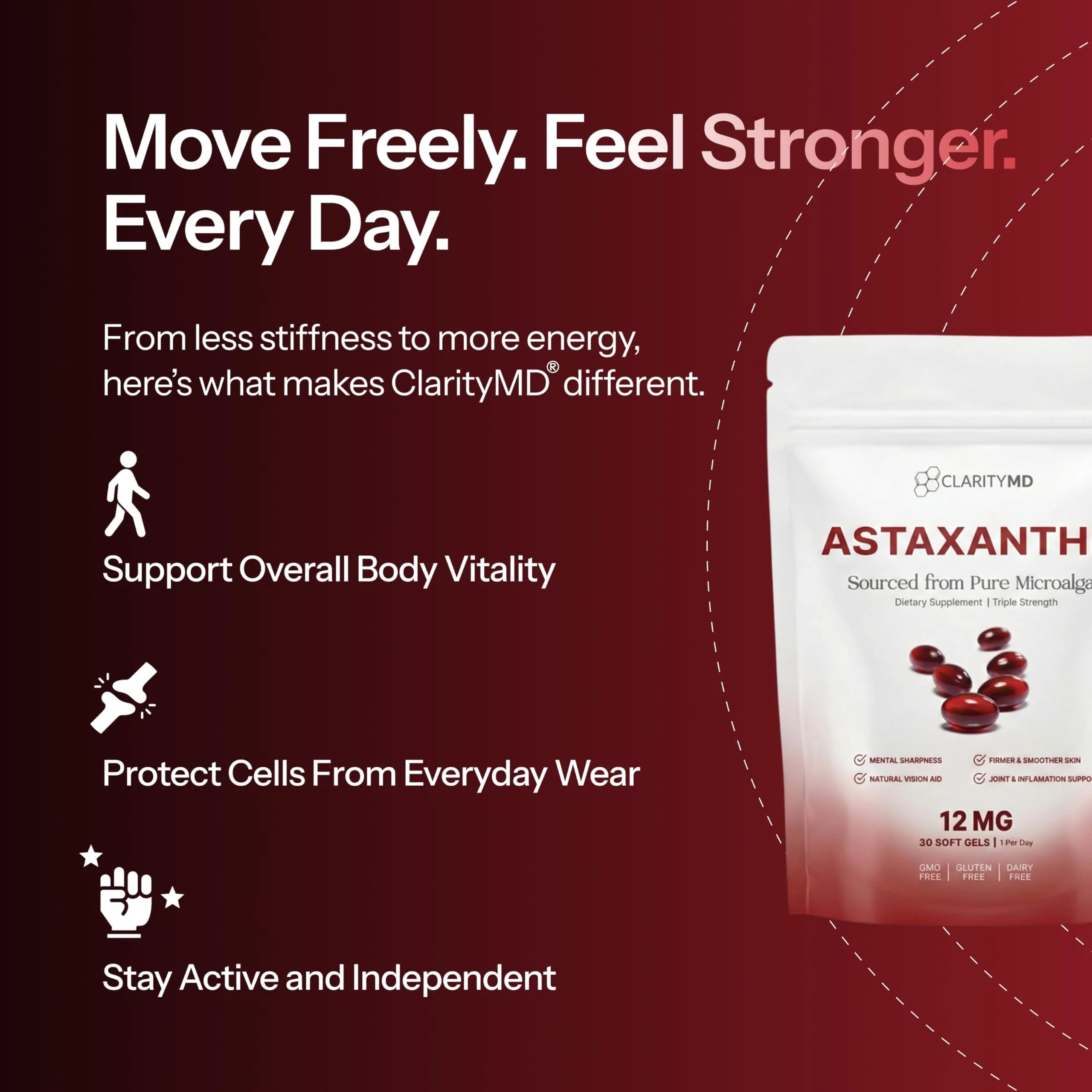 ClarityMD Astaxanthin 12mg Antioxidants Supplement – Natural Microalgae Source – Lipid-Based Softgel for Enhanced Absorption – Cognitive, Vision & Joint Support – 30 Softgels (Pack of 1) - Image 4