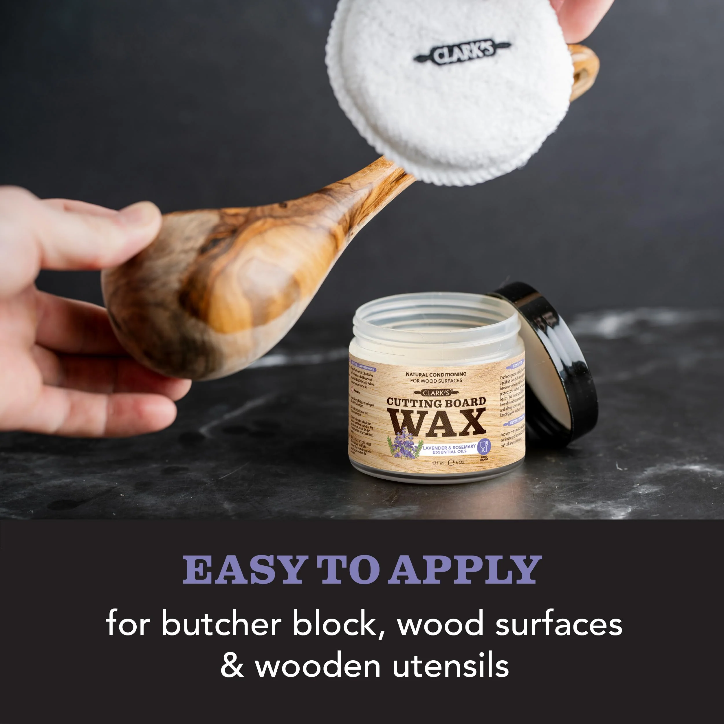 CLARK’S Cutting Board Oil and Wax Kit - Set includes Food Grade Mineral Oil (12oz), Finishing Wood Wax (6oz), Applicator Sponge & Buffing Pad, Enriched with Food Safe Lavender and Rosemary Extract - Image 7