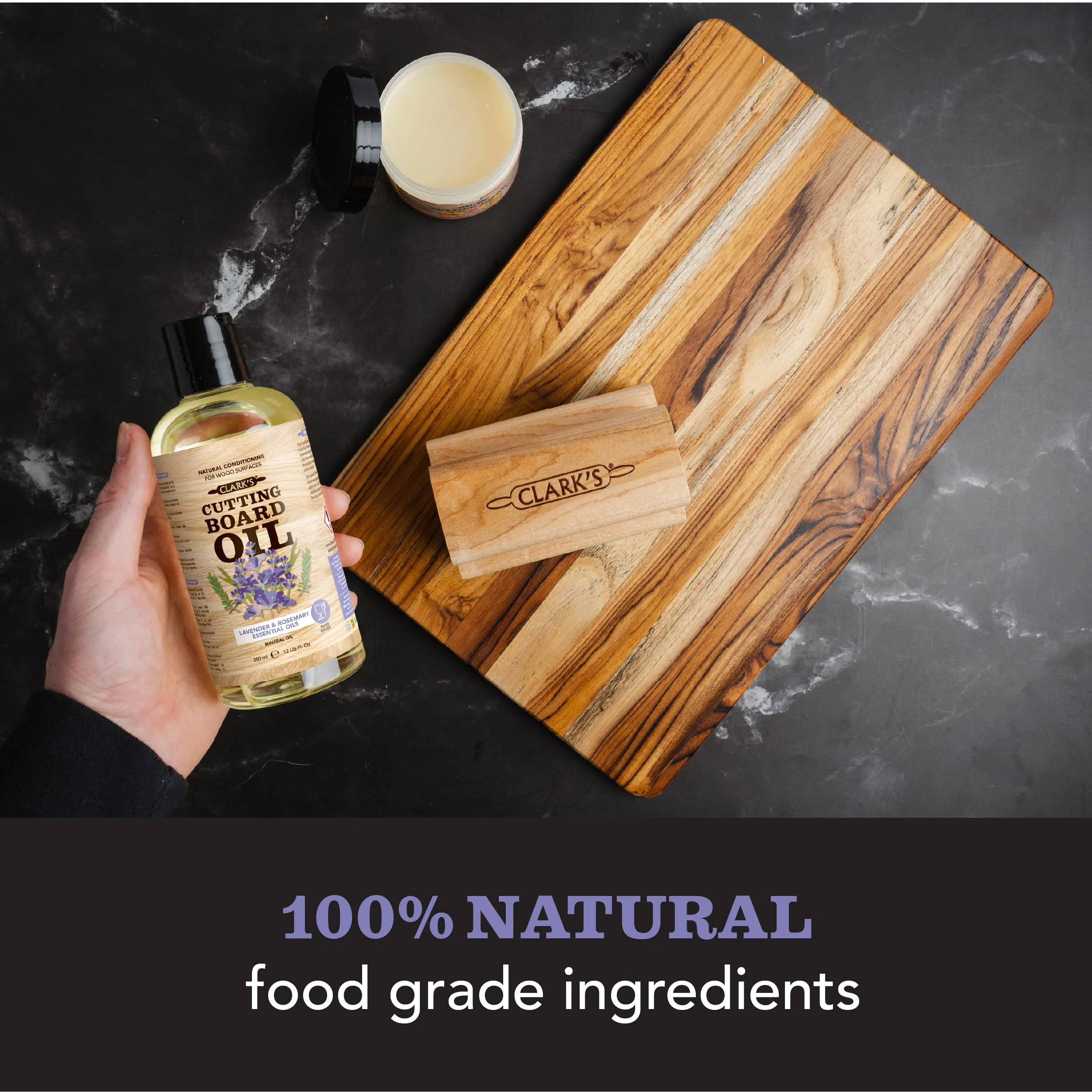 CLARK’S Cutting Board Oil and Wax Kit - Set includes Food Grade Mineral Oil (12oz), Finishing Wood Wax (6oz), Applicator Sponge & Buffing Pad, Enriched with Food Safe Lavender and Rosemary Extract - Image 9