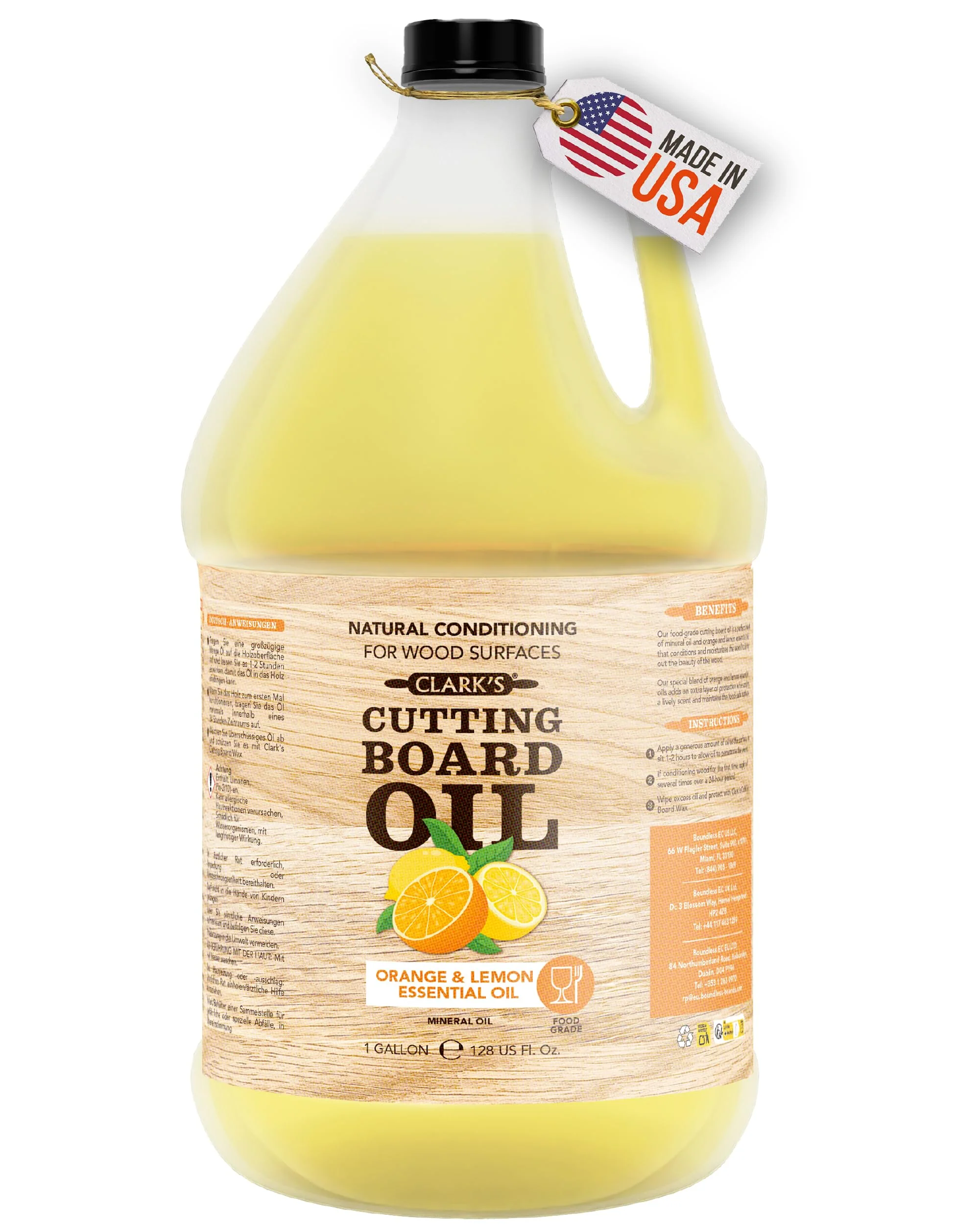 CLARK'S Cutting Board Oil - Food Grade Mineral Oil for Wood Cutting Board - Scented with Orange and Lemon Essential Oils - Butcher Block Conditioner - Restores All Wood - Made in USA, 1 Gallon