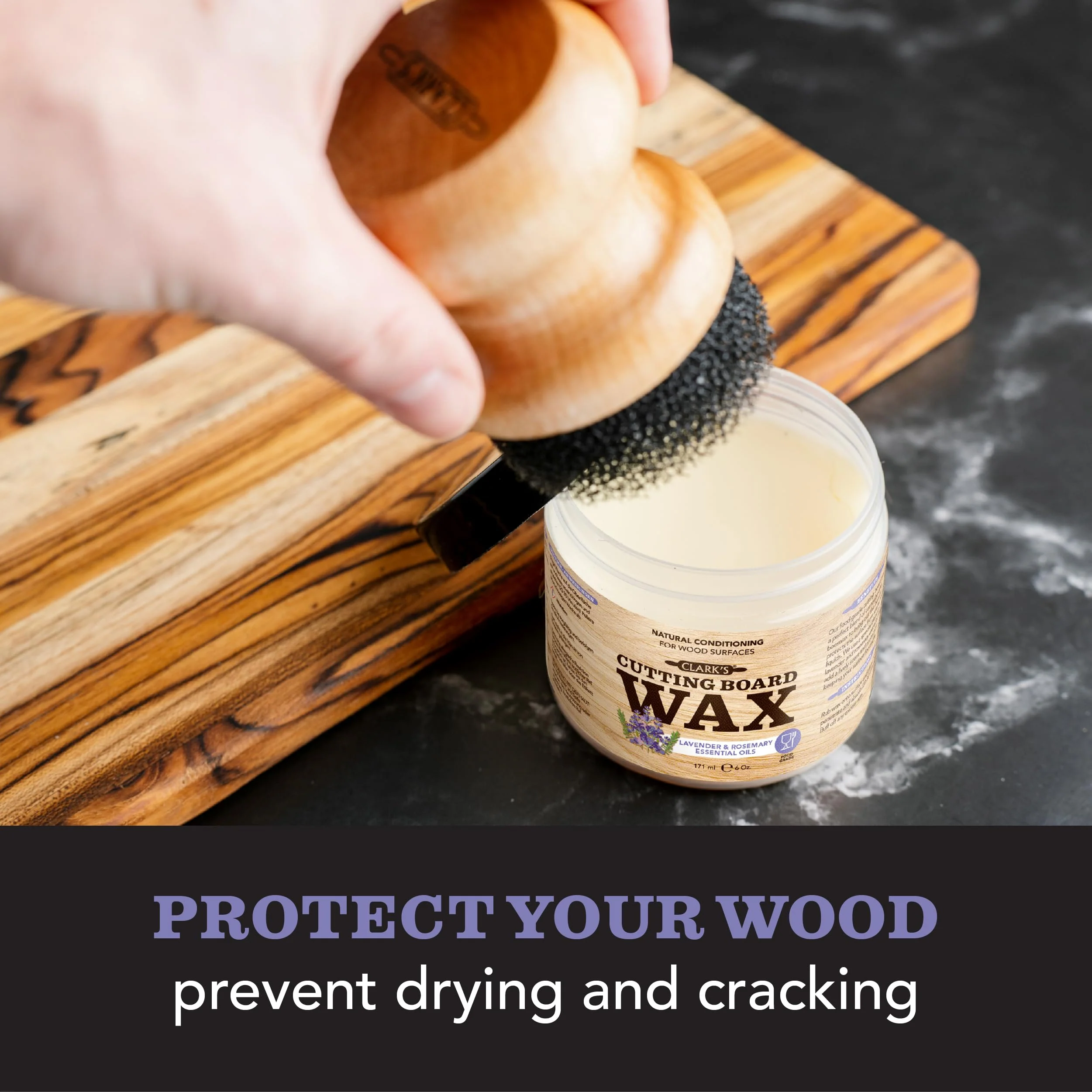 CLARK'S Cutting Board Wax - 2-in-1 Wood Butter & Food Grade Mineral Oil with Beeswax – Butcher Block Conditioner for Cutting Boards – Lavender & Rosemary Essential Oil Scent – Made in USA, 6oz - Image 6