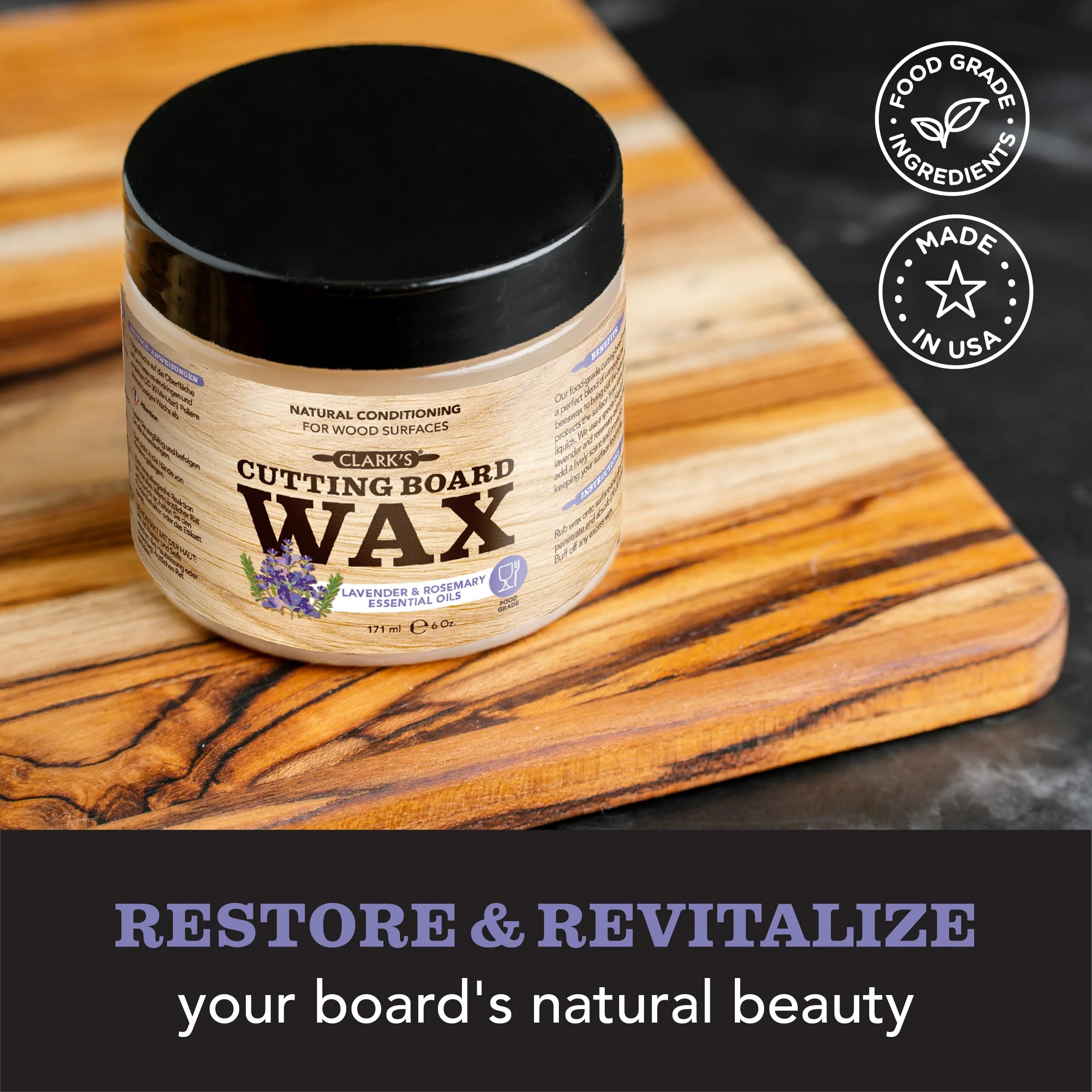 CLARK'S Cutting Board Wax - 2-in-1 Wood Butter & Food Grade Mineral Oil with Beeswax – Butcher Block Conditioner for Cutting Boards – Lavender & Rosemary Essential Oil Scent – Made in USA, 6oz - Image 9