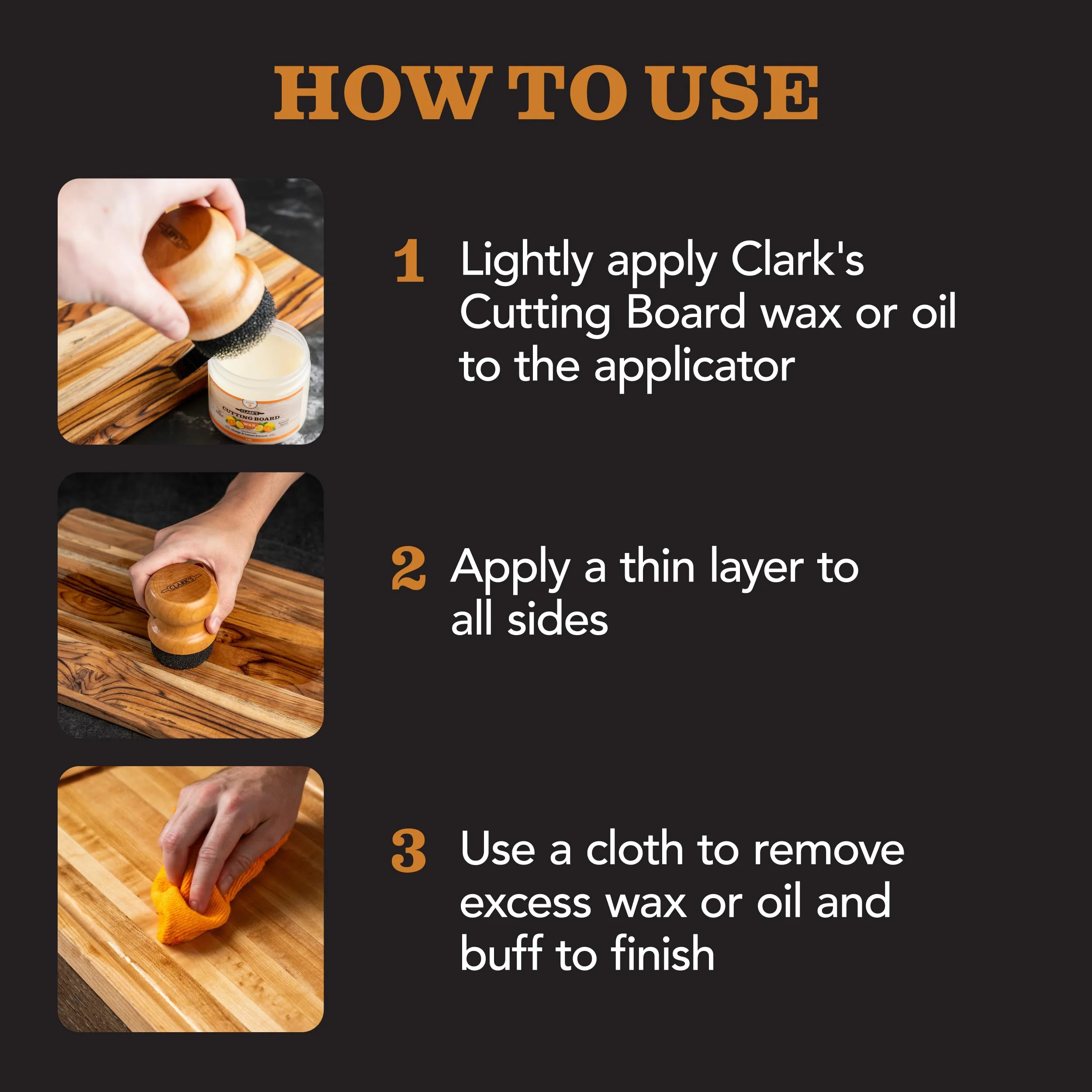 CLARK'S Food Grade Mineral Oil & Wax Applicator for Round Wood Cutting Board, Butcher Blocks, Bamboo, and Utensils – USA Maple Construction - Image 6