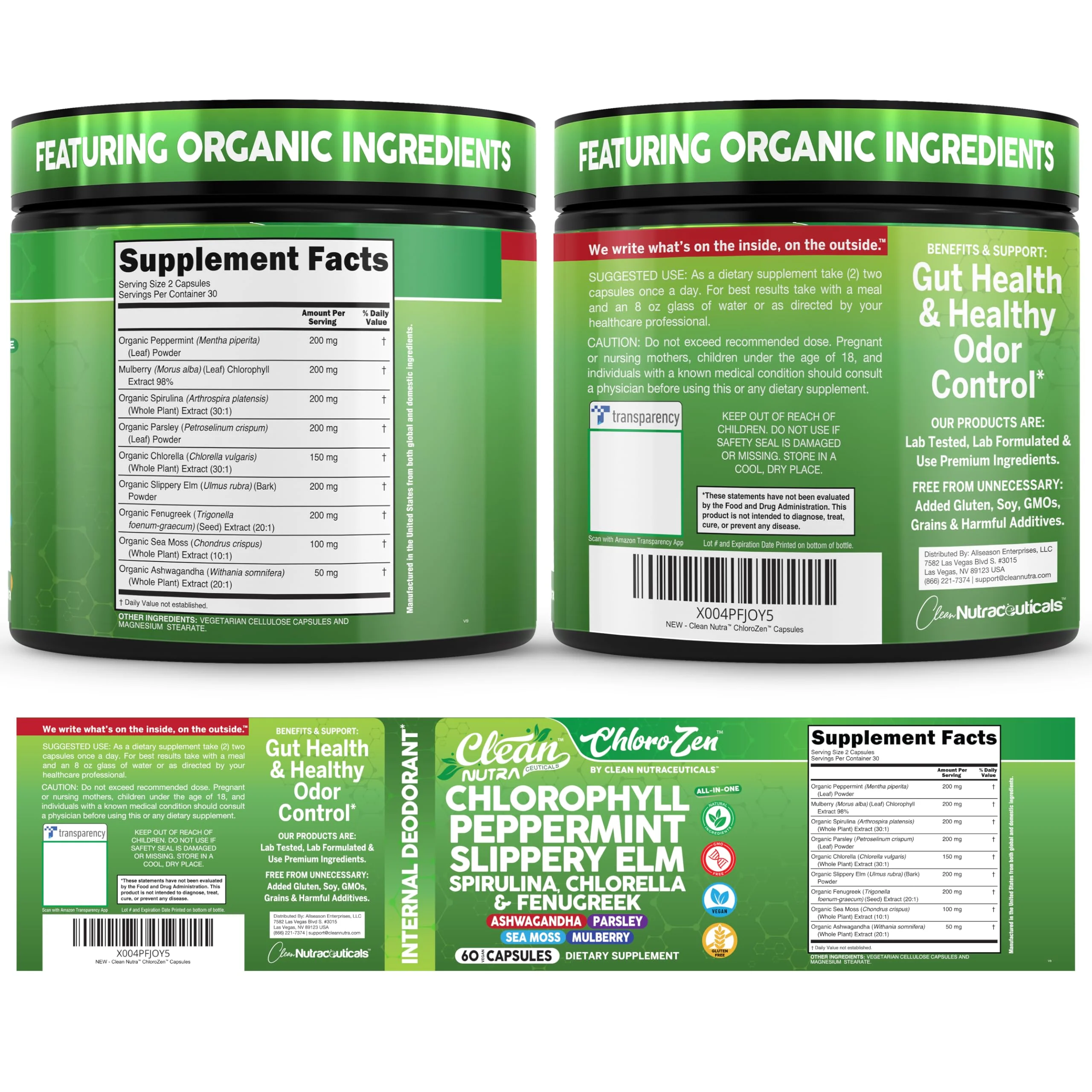 Clean Nutra Chlorophyll Capsules + Peppermint Slippery Elm Spirulina Chlorella Fenugreek Ashwagandha Sea Moss Supplement – Ph Balance for Women Detox Internal Deodorant Supplement + Prebiotics 60 Ct - Image 2