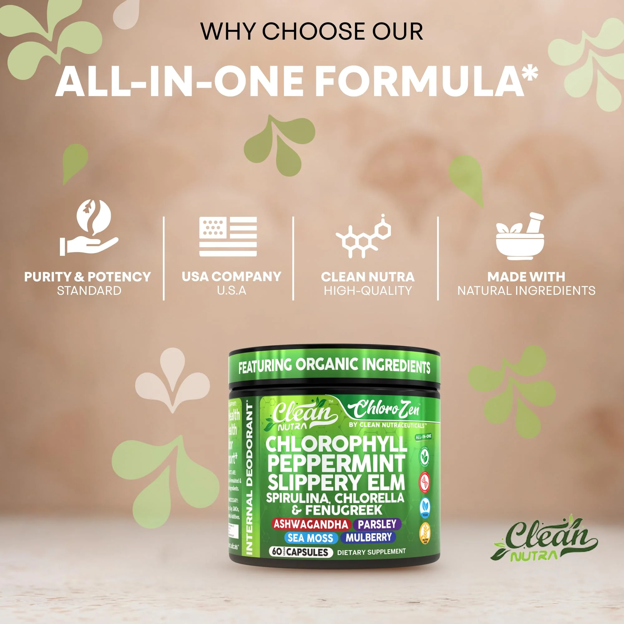 Clean Nutra Chlorophyll Capsules + Peppermint Slippery Elm Spirulina Chlorella Fenugreek Ashwagandha Sea Moss Supplement – Ph Balance for Women Detox Internal Deodorant Supplement + Prebiotics 60 Ct - Image 3