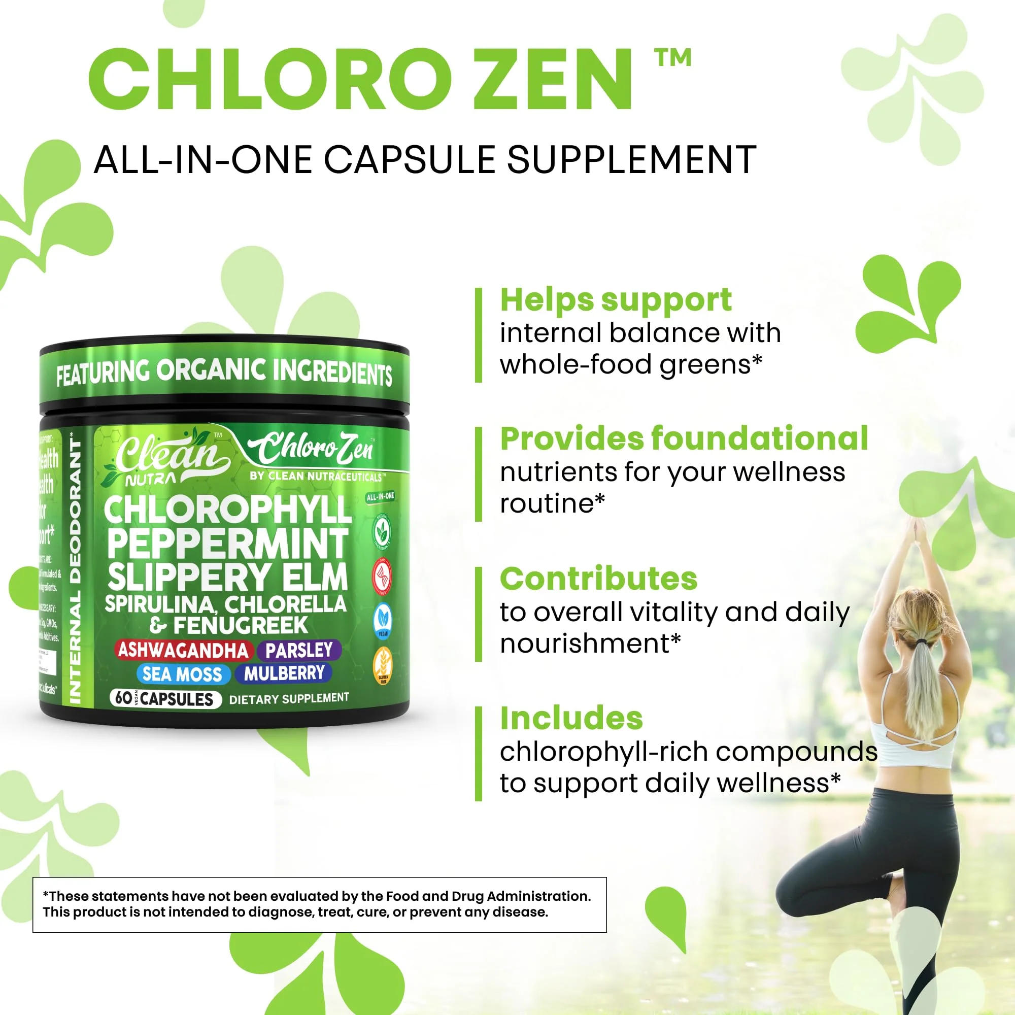 Clean Nutra Chlorophyll Capsules + Peppermint Slippery Elm Spirulina Chlorella Fenugreek Ashwagandha Sea Moss Supplement – Ph Balance for Women Detox Internal Deodorant Supplement + Prebiotics 60 Ct - Image 4