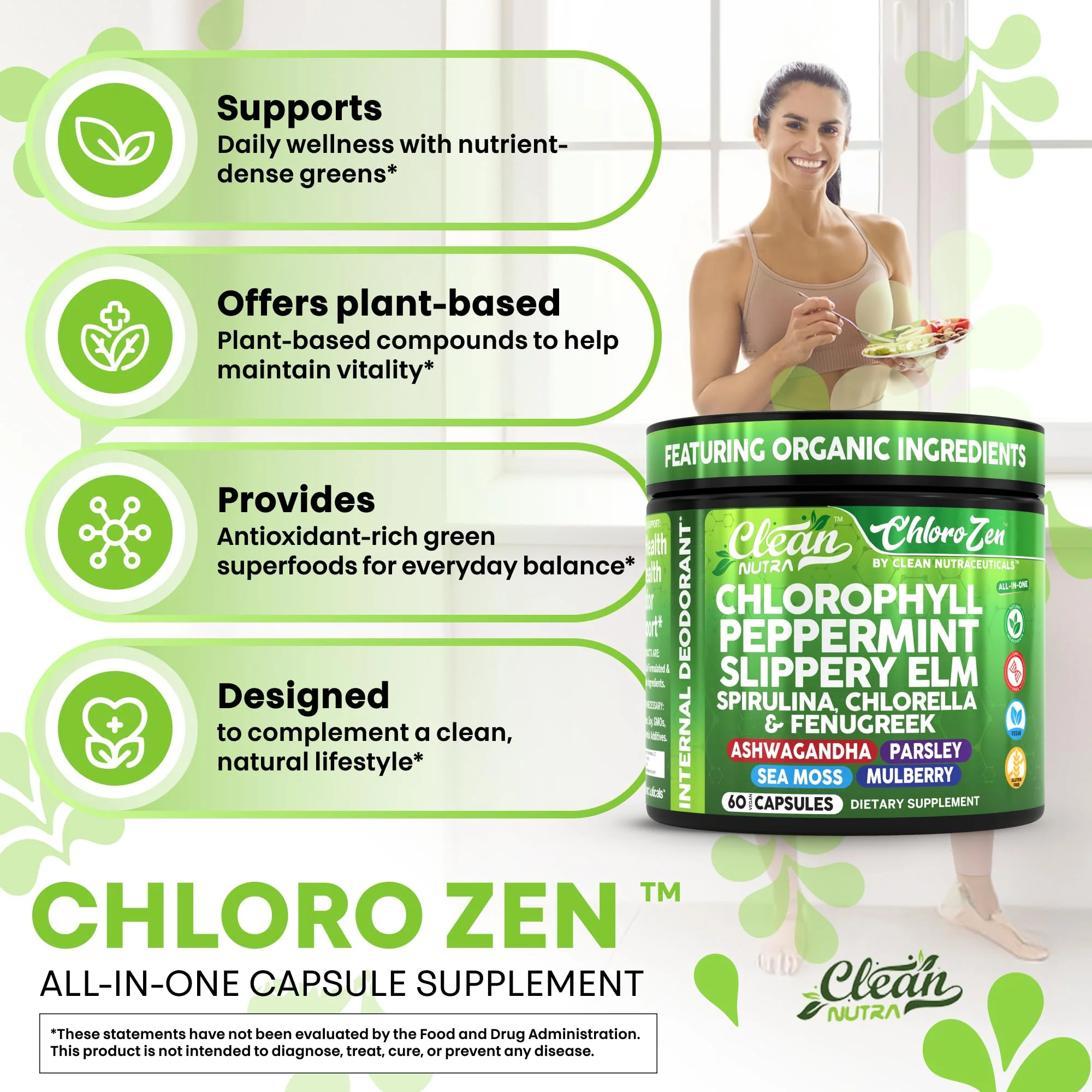Clean Nutra Chlorophyll Capsules + Peppermint Slippery Elm Spirulina Chlorella Fenugreek Ashwagandha Sea Moss Supplement – Ph Balance for Women Detox Internal Deodorant Supplement + Prebiotics 60 Ct - Image 5