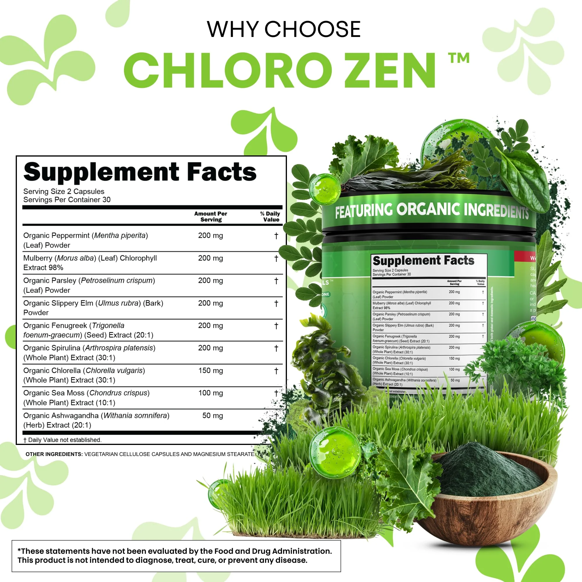 Clean Nutra Chlorophyll Capsules + Peppermint Slippery Elm Spirulina Chlorella Fenugreek Ashwagandha Sea Moss Supplement – Ph Balance for Women Detox Internal Deodorant Supplement + Prebiotics 60 Ct - Image 6