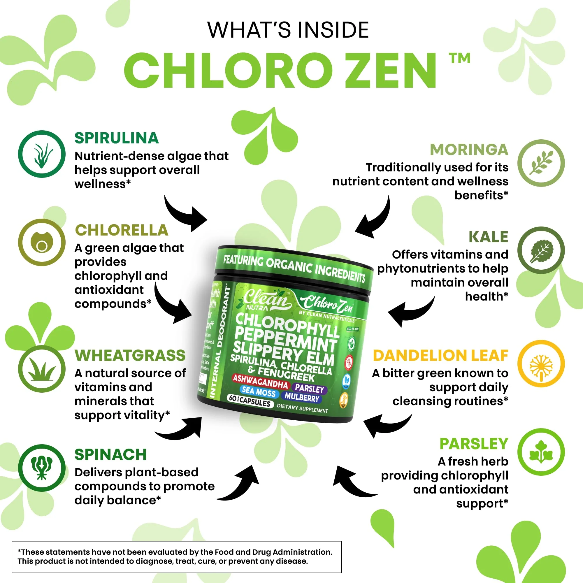 Clean Nutra Chlorophyll Capsules + Peppermint Slippery Elm Spirulina Chlorella Fenugreek Ashwagandha Sea Moss Supplement – Ph Balance for Women Detox Internal Deodorant Supplement + Prebiotics 60 Ct - Image 7