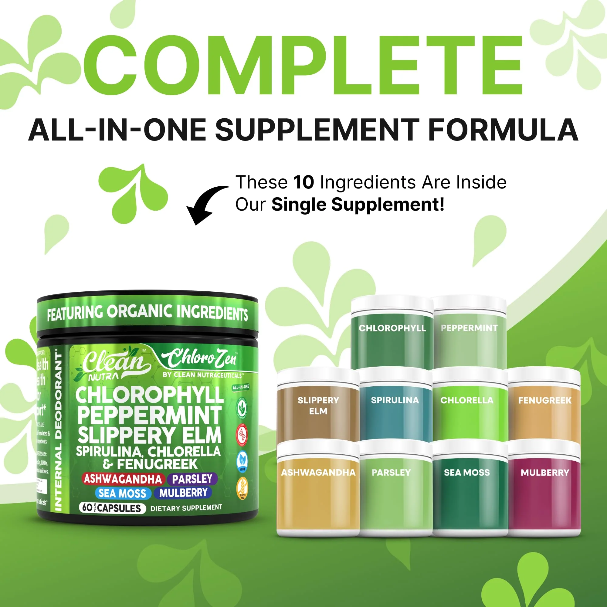 Clean Nutra Chlorophyll Capsules + Peppermint Slippery Elm Spirulina Chlorella Fenugreek Ashwagandha Sea Moss Supplement – Ph Balance for Women Detox Internal Deodorant Supplement + Prebiotics 60 Ct - Image 8