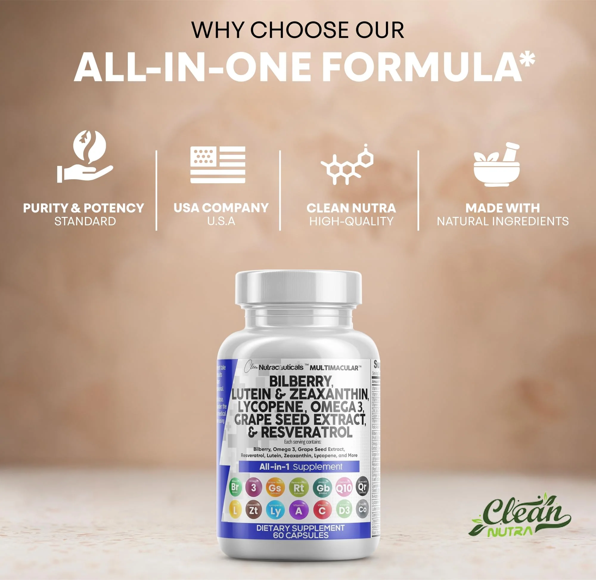 Clean Nutra Eye Vitamins with Bilberry Lutein and Zeaxanthin Supplements Lycopene 40mg Resveratrol Grape Seed Astaxanthin for Eyes - Eye Care Health Support (60 Count (Pack of 2)) - Image 7