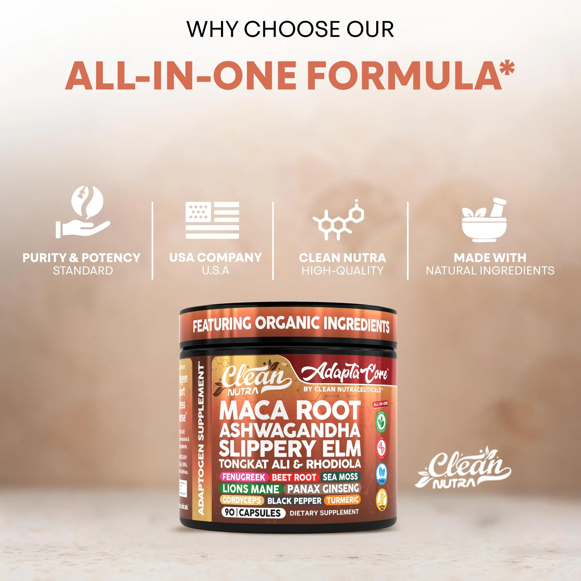 Clean Nutra Organic Maca Root Capsules for Women + Ashwagandha Slippery Elm Tongkat Ali Rhodiola Rosea Fenugreek Beet Root Sea Moss Ginseng Black Yellow Red Maca Powder Supplement 90 Pills - Image 2