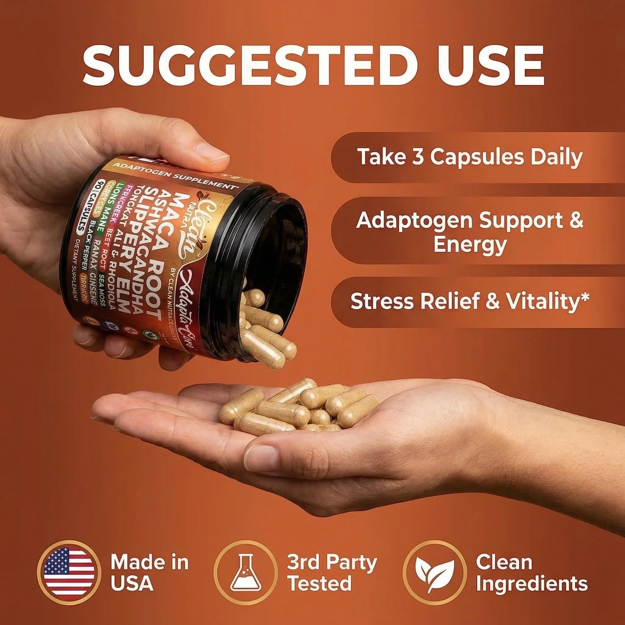 Clean Nutra Organic Maca Root Capsules for Women + Ashwagandha Slippery Elm Tongkat Ali Rhodiola Rosea Fenugreek Beet Root Sea Moss Ginseng Black Yellow Red Maca Powder Supplement 90 Pills - Image 5