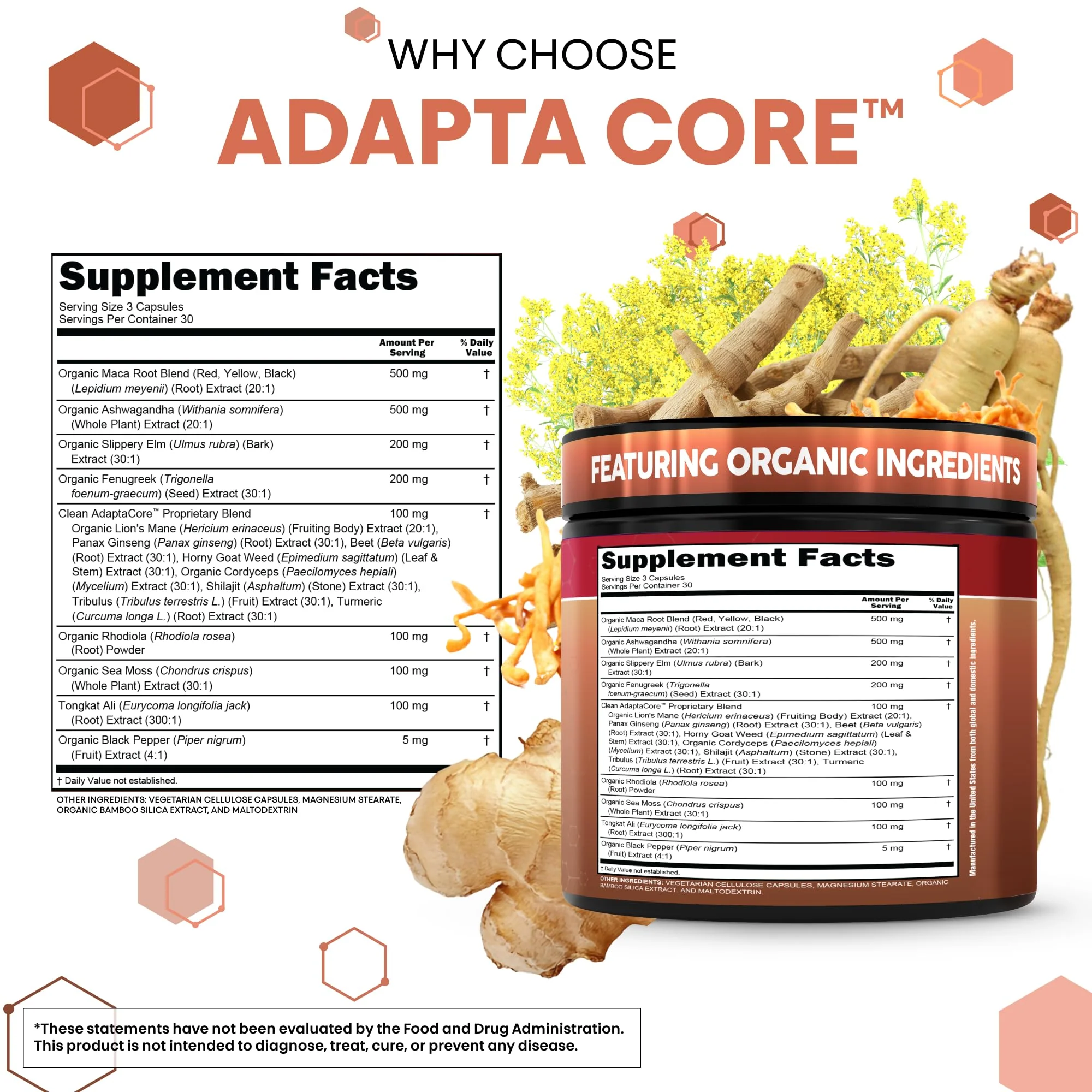 Clean Nutra Organic Maca Root Capsules for Women + Ashwagandha Slippery Elm Tongkat Ali Rhodiola Rosea Fenugreek Beet Root Sea Moss Ginseng Black Yellow Red Maca Powder Supplement 90 Pills - Image 6