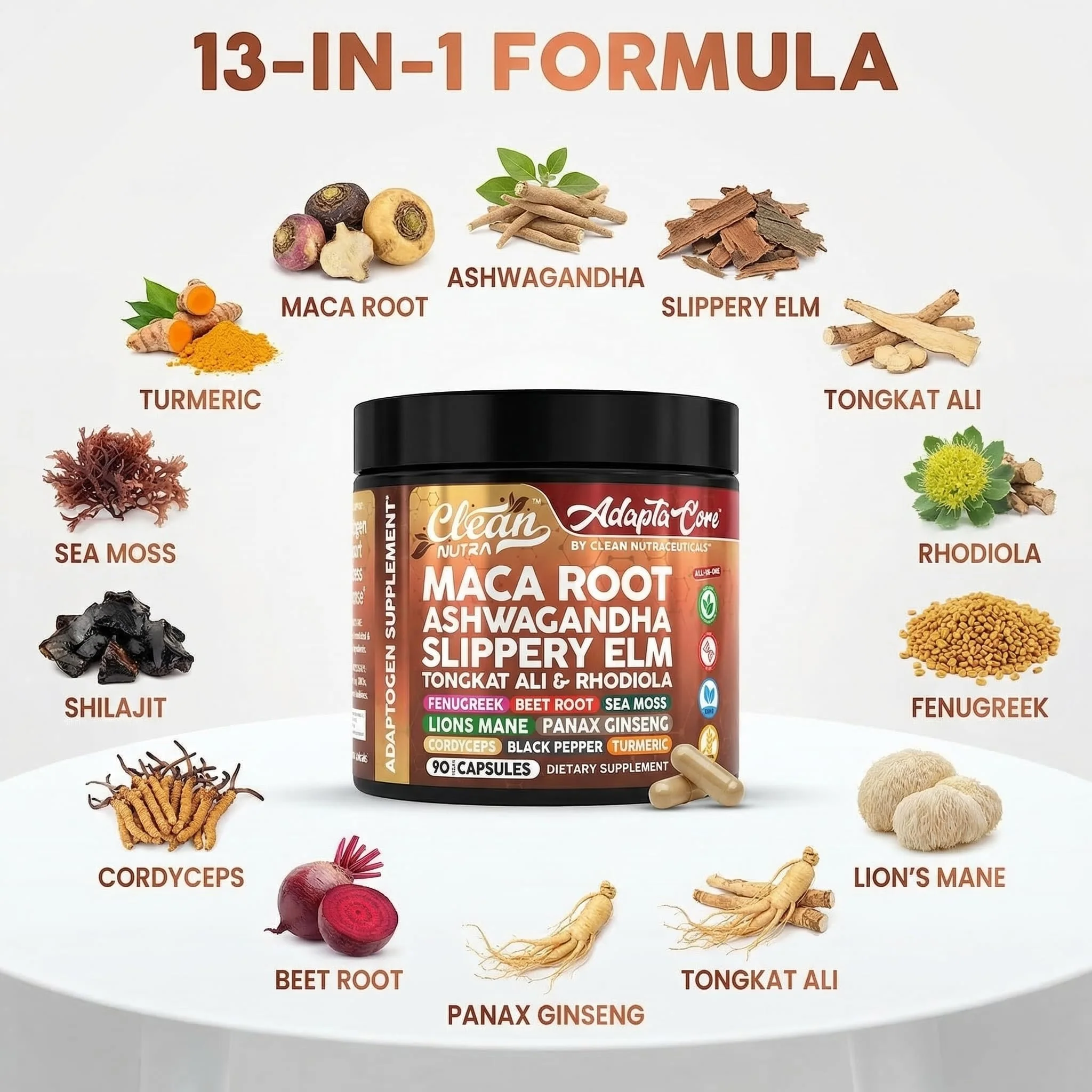 Clean Nutra Organic Maca Root Capsules for Women + Ashwagandha Slippery Elm Tongkat Ali Rhodiola Rosea Fenugreek Beet Root Sea Moss Ginseng Black Yellow Red Maca Powder Supplement 90 Pills - Image 7