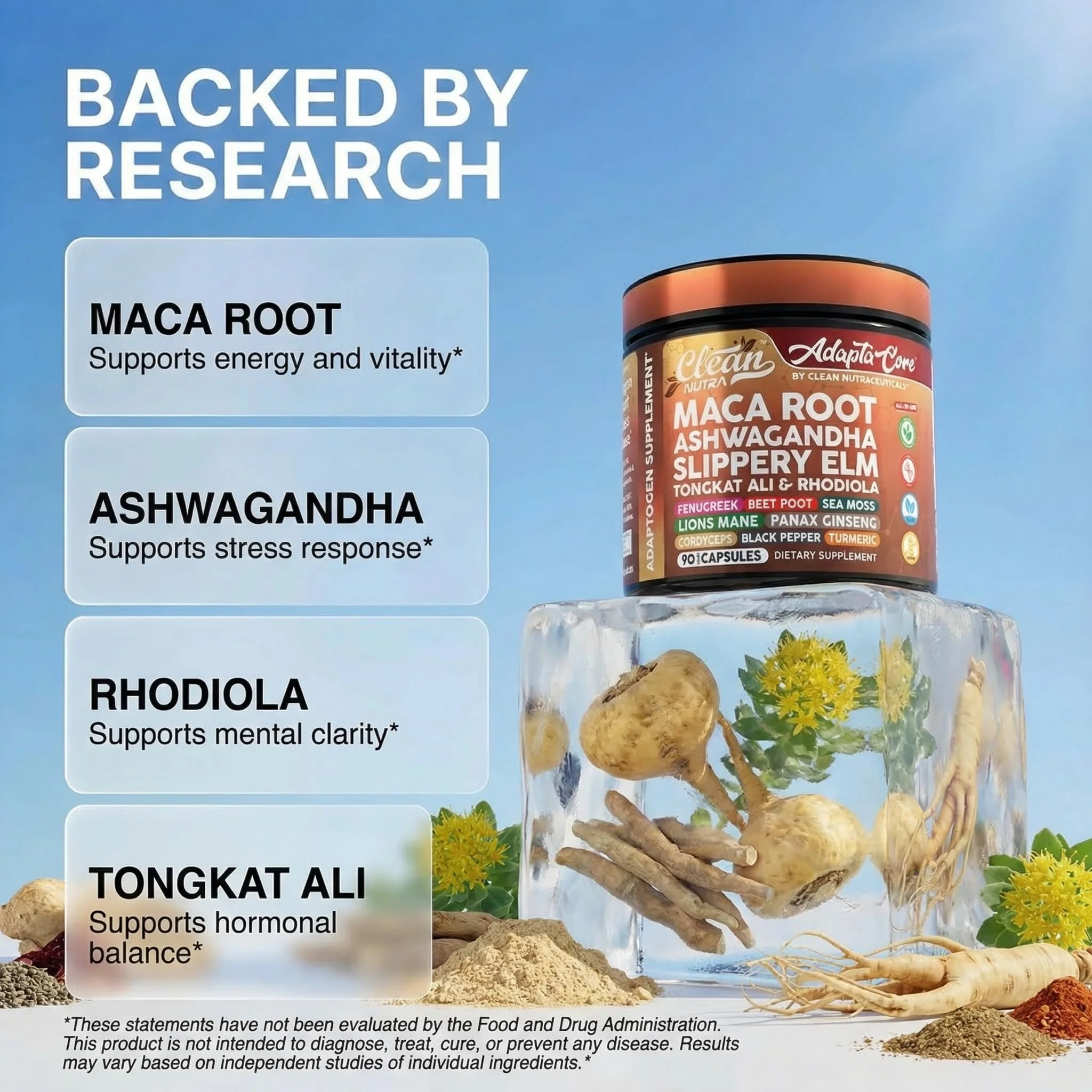 Clean Nutra Organic Maca Root Capsules for Women + Ashwagandha Slippery Elm Tongkat Ali Rhodiola Rosea Fenugreek Beet Root Sea Moss Ginseng Black Yellow Red Maca Powder Supplement 90 Pills - Image 8