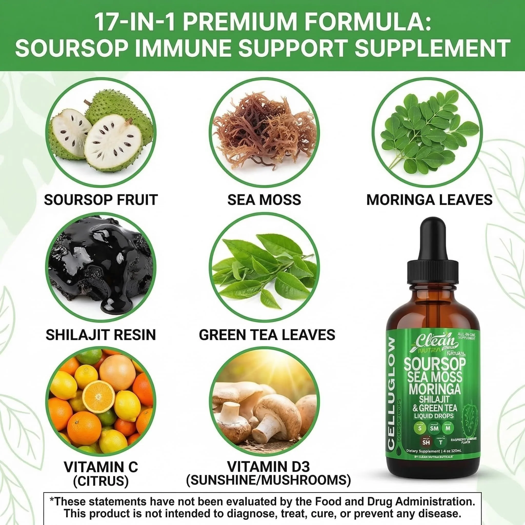 Clean Nutra Soursop Liquid Drops Sea Moss Moringa Shilajit Green Tea Vitamin D Vitamin C Garlic Supplements Grape Seed Lycopene Turmeric Root 4 Oz Immune Support & Cellular Health by Clean Nutra - Image 6